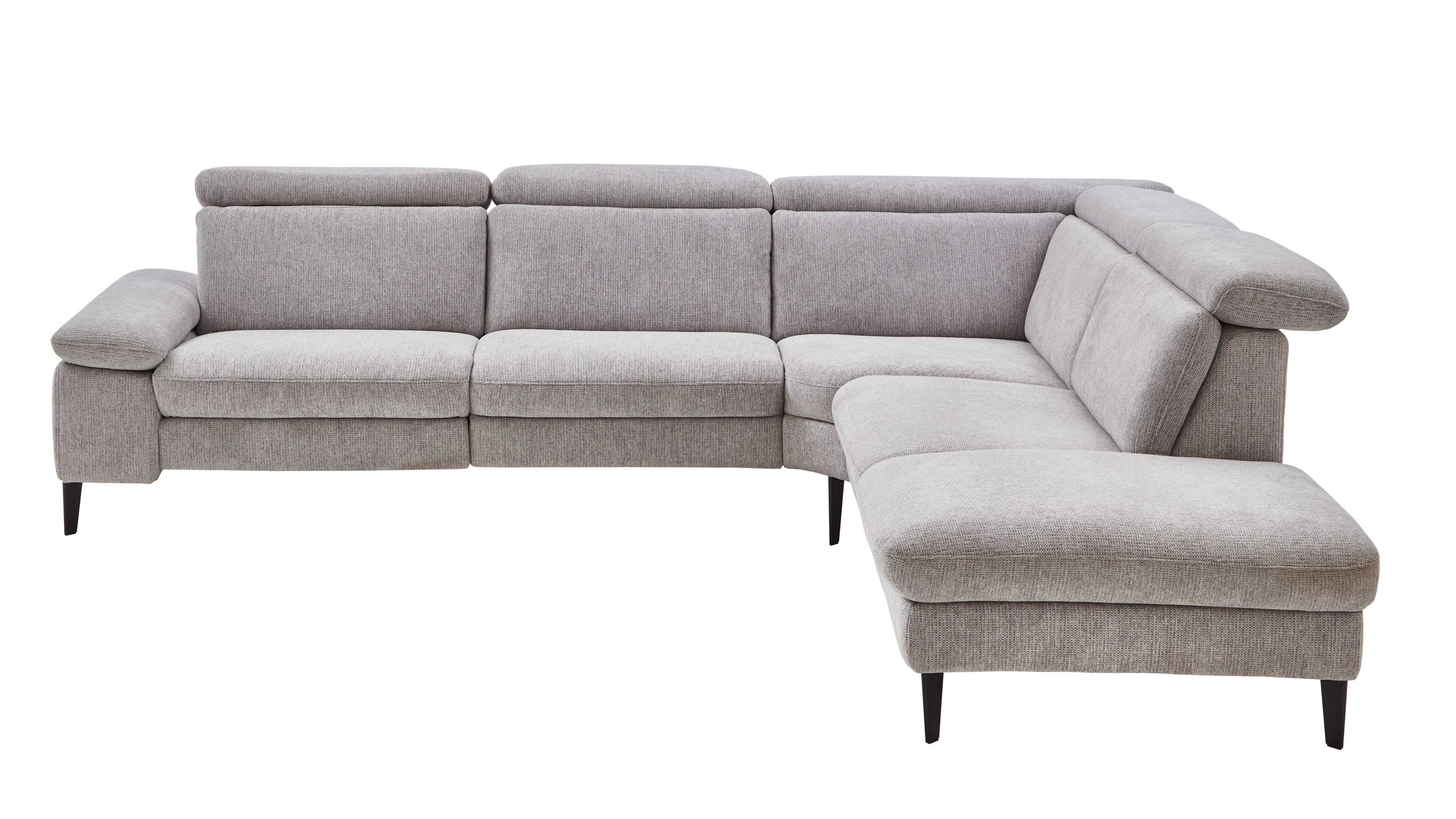 Ecksofa mit silberfarbenem Stoffbezug und verstellbaren Kopfstützen