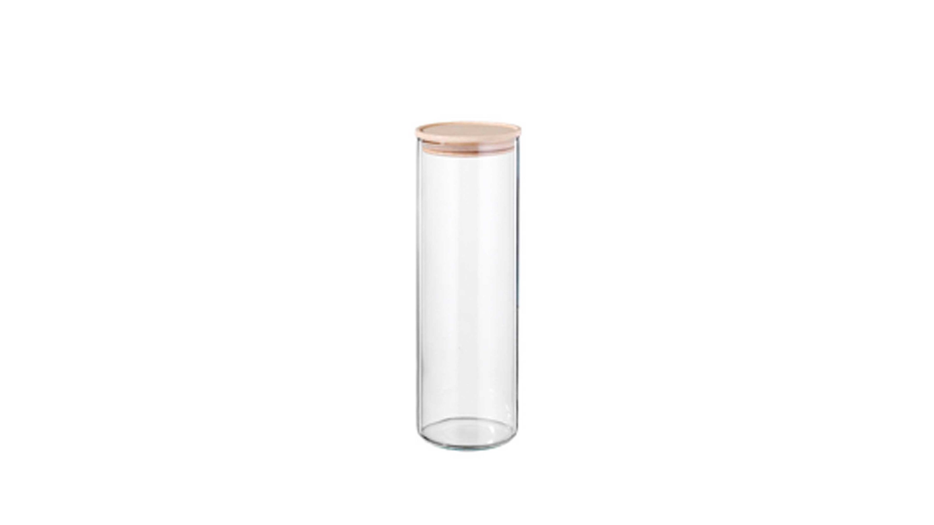 Zylindrisches Vorratsglas aus klarem Glas mit rundem hellem Holzdeckel