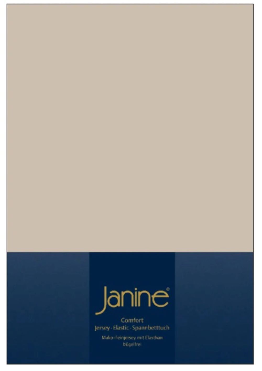 Beiges Spannbetttuch in dunkelblauer Verpackung mit goldener Janine-Aufschrift  frontal leicht von oben fotografiert