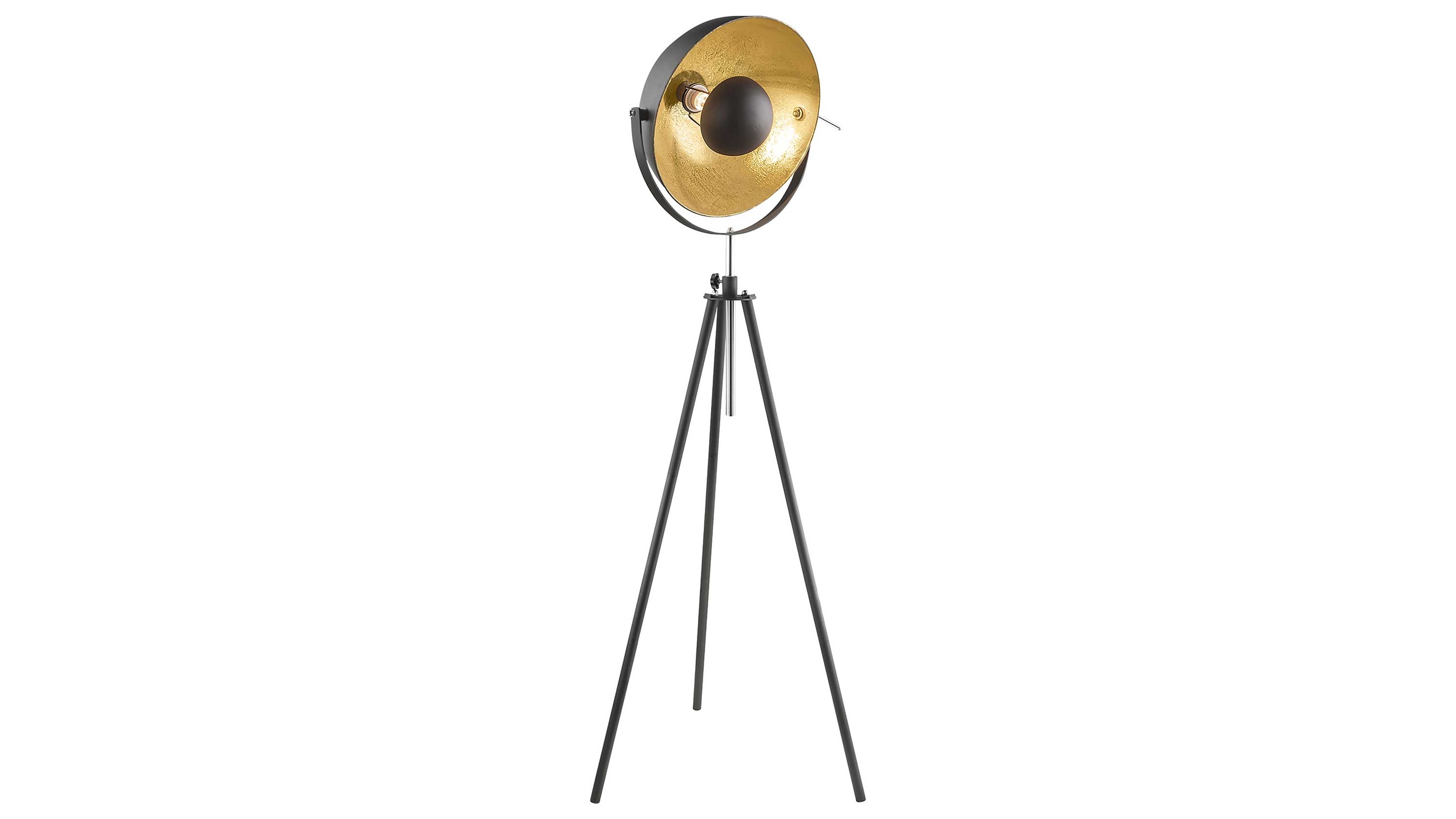 Stativ-Stehleuchte mit schwarzem Stativ und goldfarbenem Reflektor Stativ-Stehleuchte mit dreibeinigem schwarzen Gestell und rundem goldfarbenem Reflektor