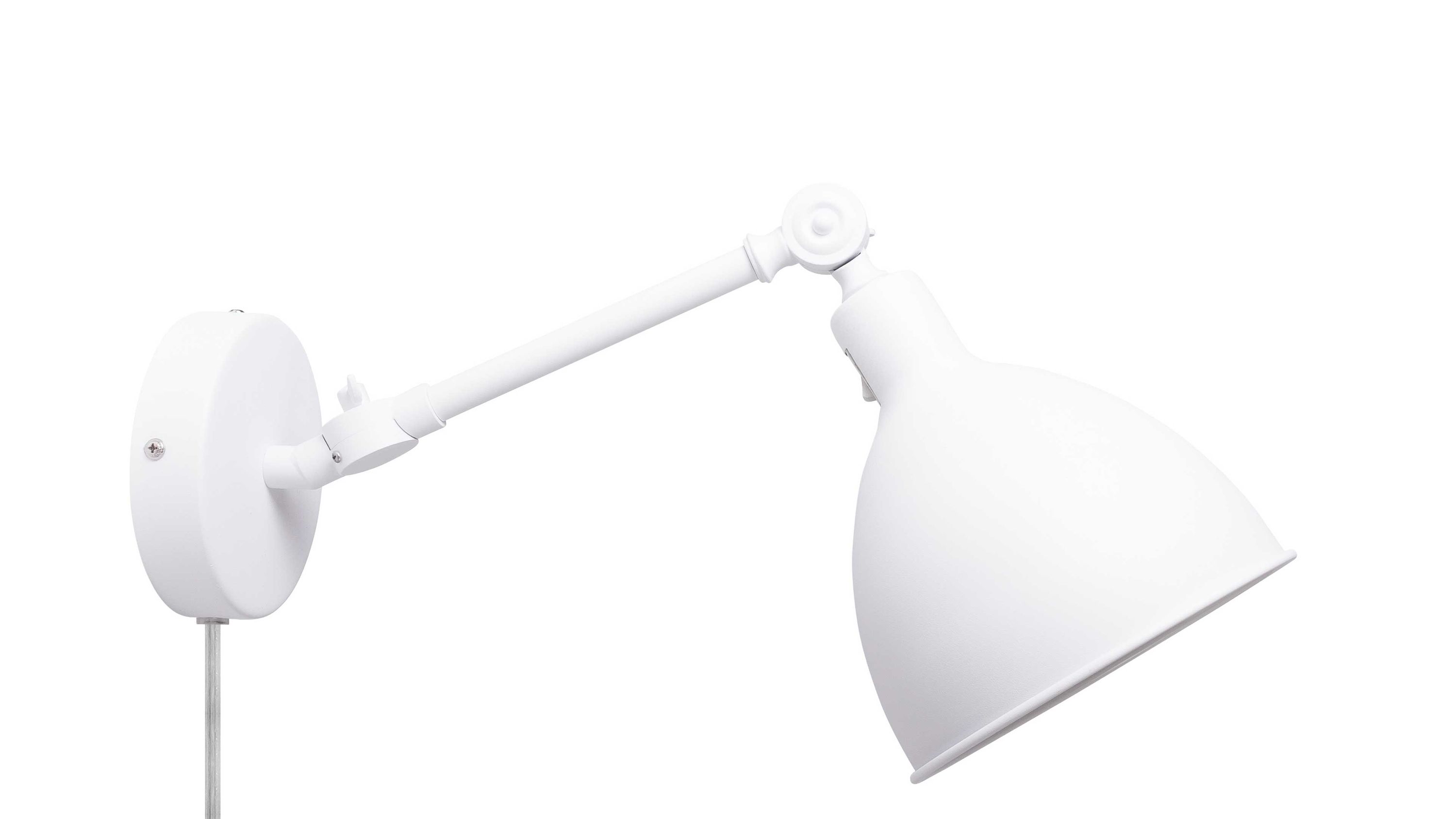 Weiße Wandleuchte mit verstellbarem Arm Weiße Wandleuchte mit rundem Wandhalter verstellbarem Arm und halbrundem Lampenschirm aus Metall