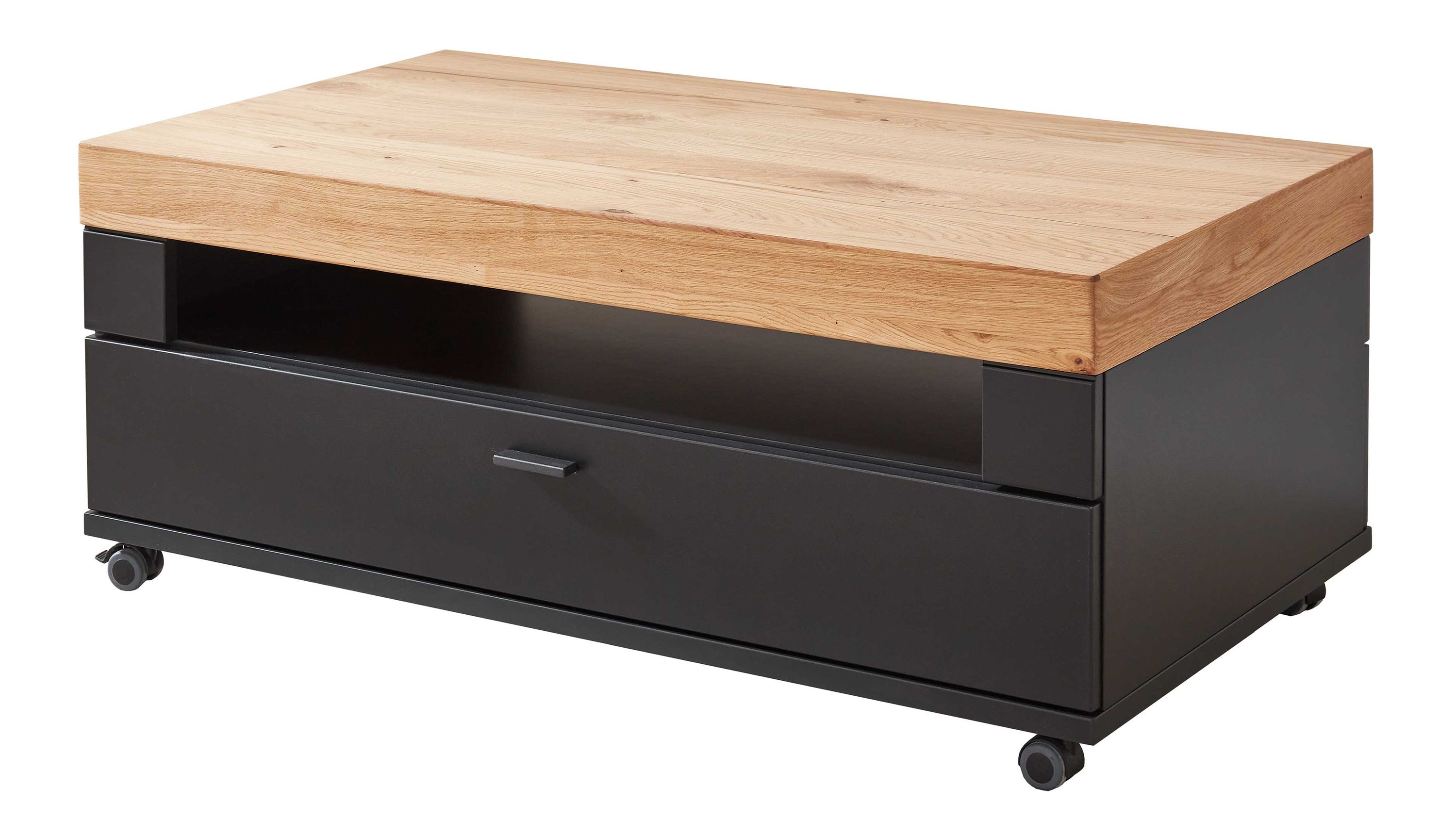 Couchtisch mit Holzplatte und schwarzem Unterbau auf Rollen Rechteckiger Couchtisch mit hellbrauner Holzplatte und schwarzgrauem Unterbau auf Rollen