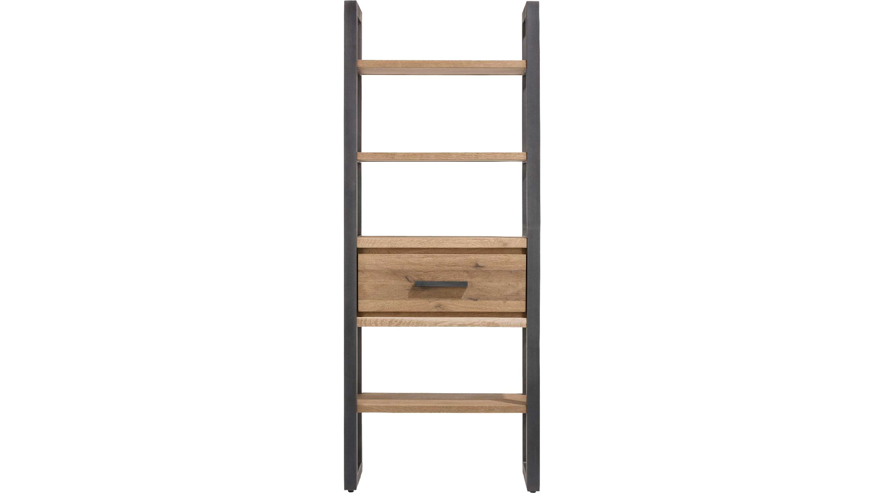 Regal mit Schublade und drei Böden in Braun und Schwarz Regal mit drei offenen Böden und einer Schublade in braunem Holz und schwarzen Seitenwänden