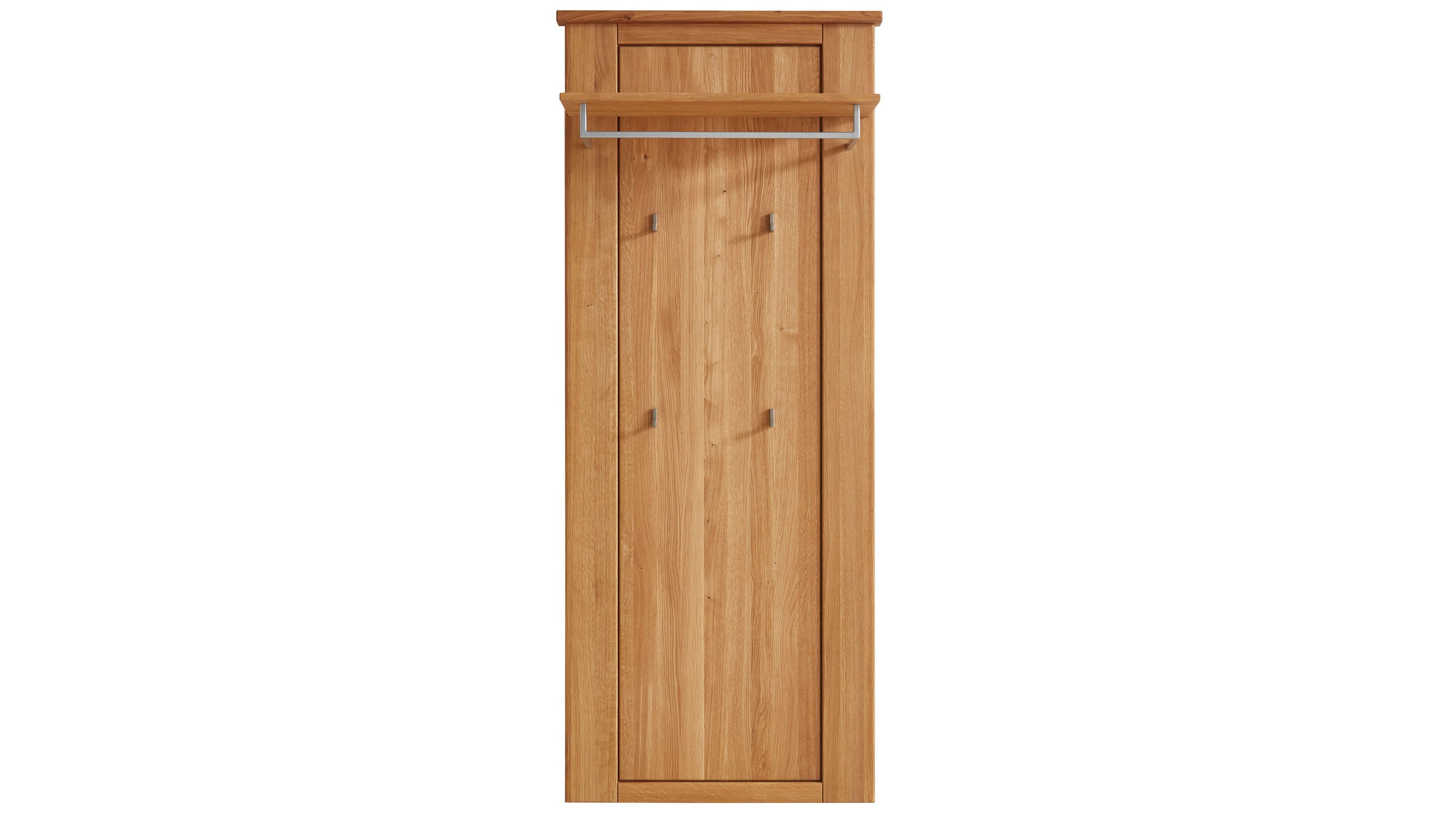 Schmale Wandgarderobe aus Holz mit vier Haken und einer oberen Ablage