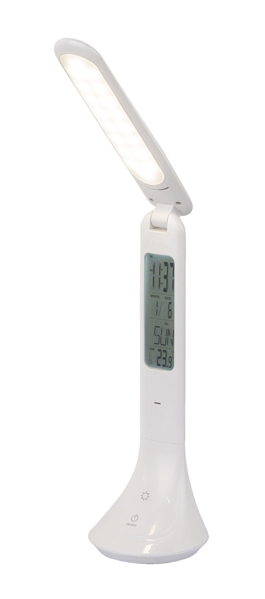 Weiße LED-Tischleuchte mit gebogenem Gehäuse und Display mit Uhr/Alarm leicht schräg von vorne rechts aufgenommen