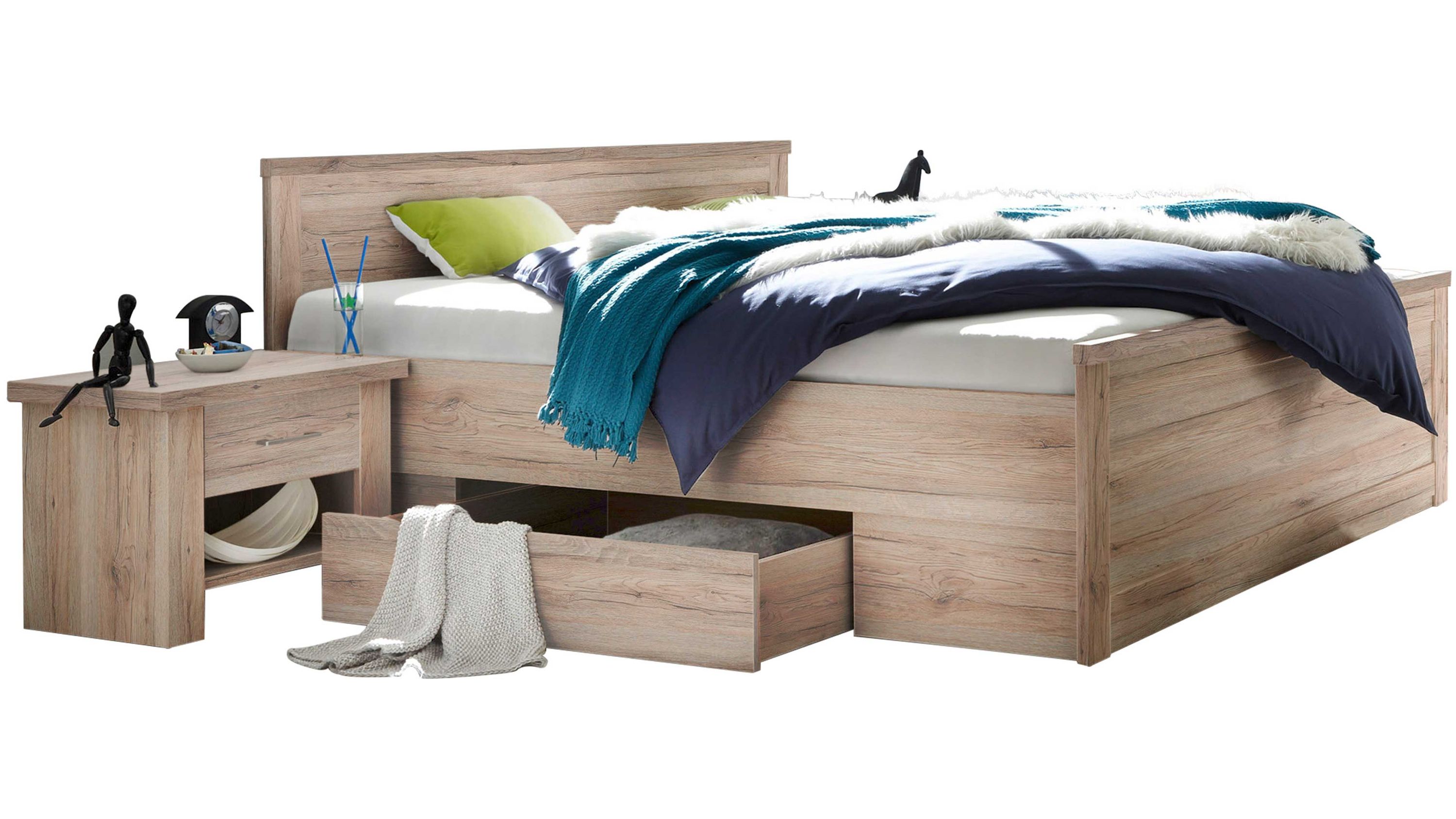 Bettgestell mit Nachtkommoden in heller Holzoptik Bettgestell mit Kopfteil und zwei Nachtkommoden in heller Holzoptik mit Schublade und offener Ablage