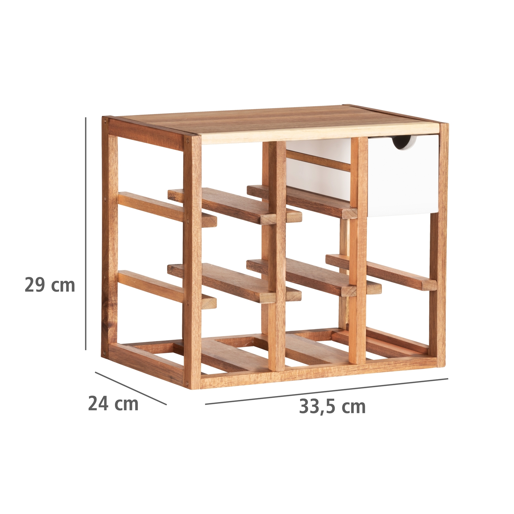Quadratisches Weinregal aus hellem Holz mit horizontalen Fächern modern frontal leicht von links aufgenommen