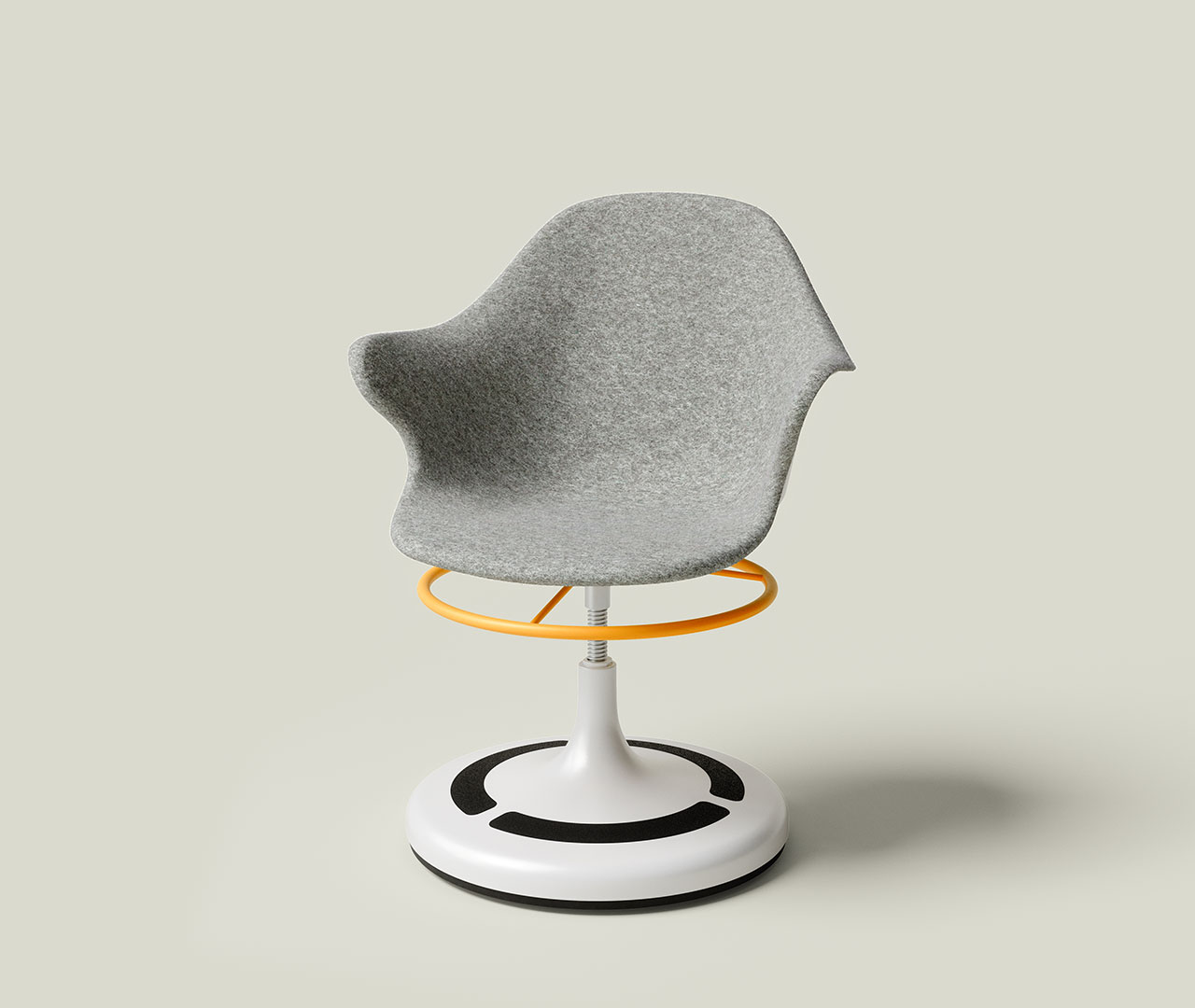 Drehstuhl mit weißem Sockel, grauem Sitz, ergonomischer Form und orangefarbenem Ring am unteren Bereich.