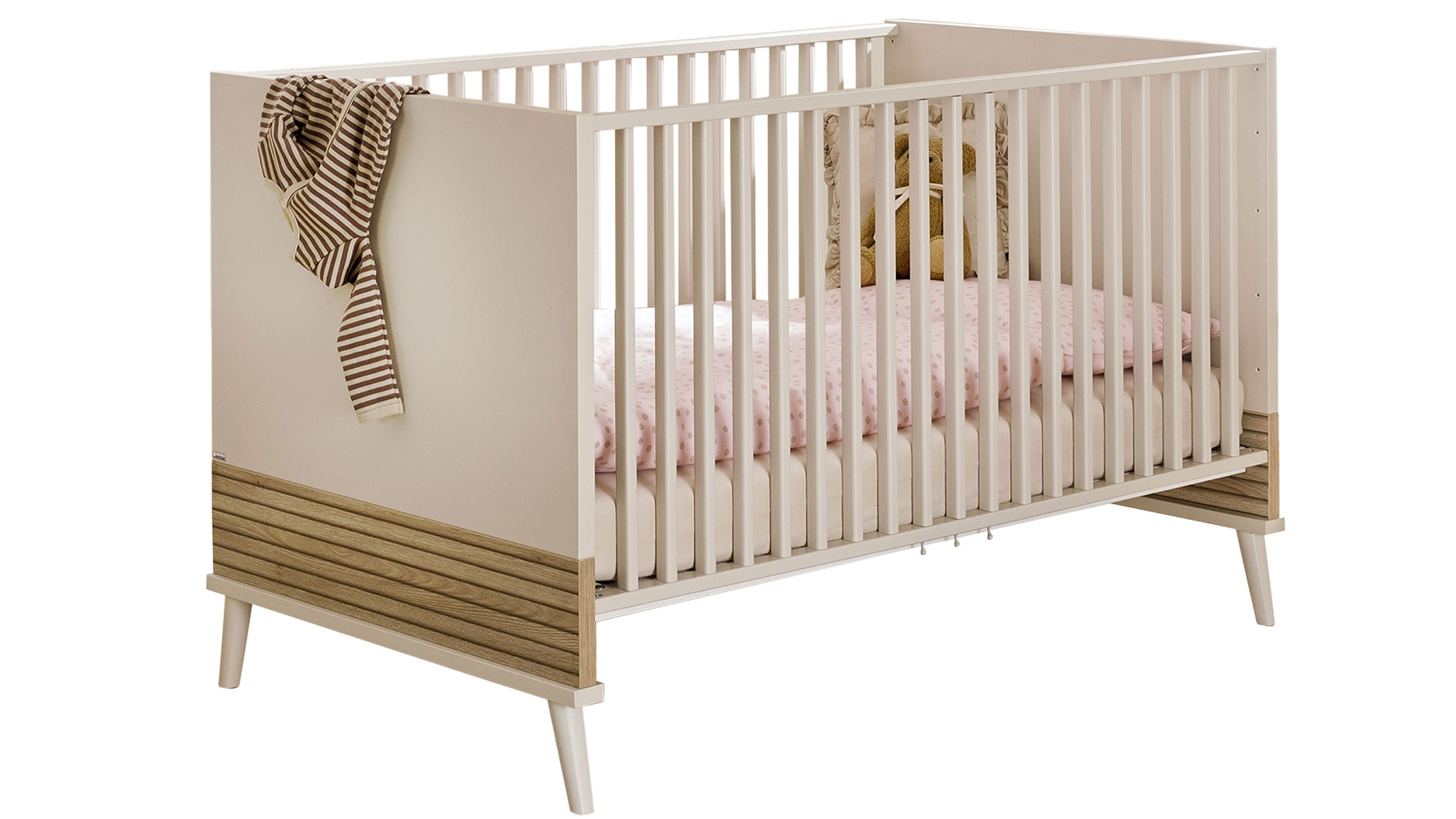 Babybettgestell in beige mit Holzoptik an den Seiten und senkrechten Stäben