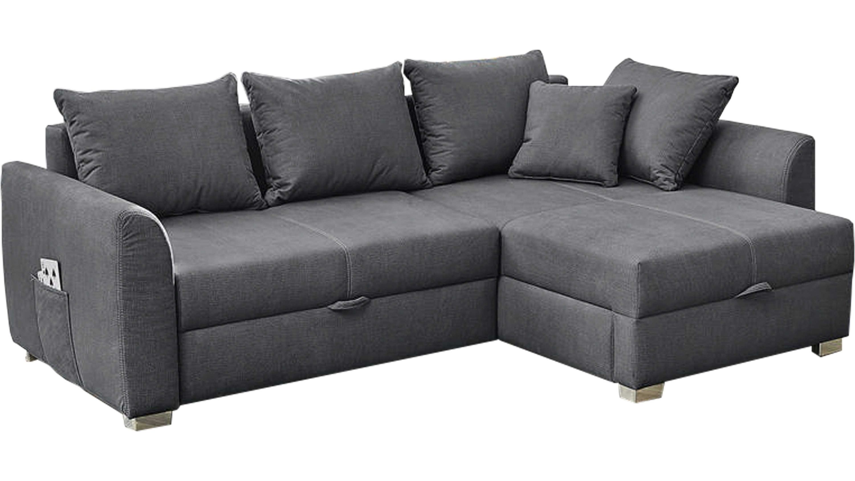 Dunkelgraues Ecksofa mit fünf Kissen und Metallfüßen