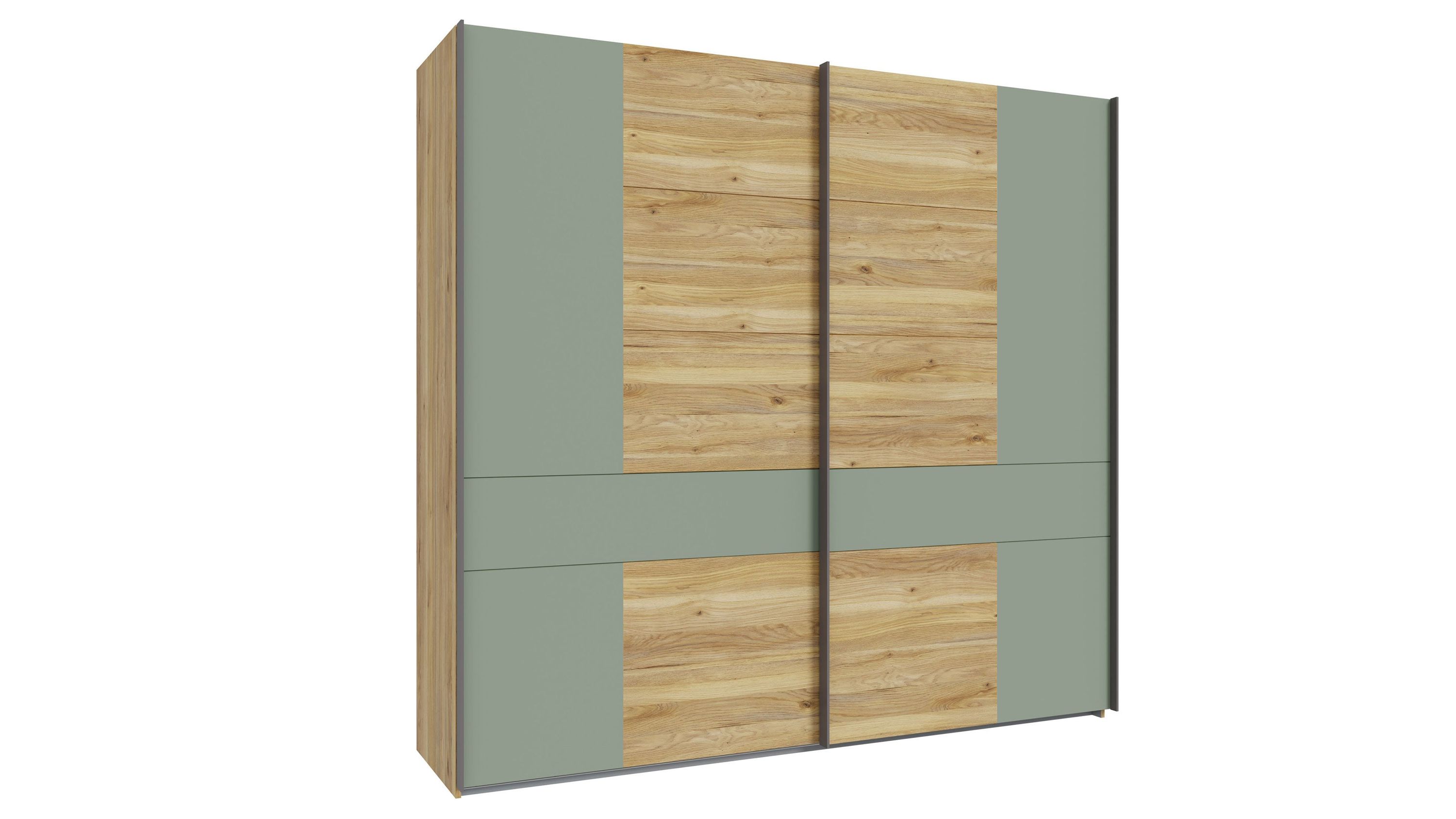 Schwebetürenschrank mit zwei Türen in grün und holzfarbenen Paneelen