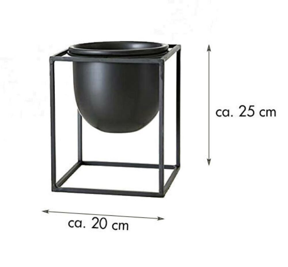 Schwarzer Metalltopf in rundem Design  schwebend in eckigem Gestell  Maße ca H 25 cm  B 20 cm