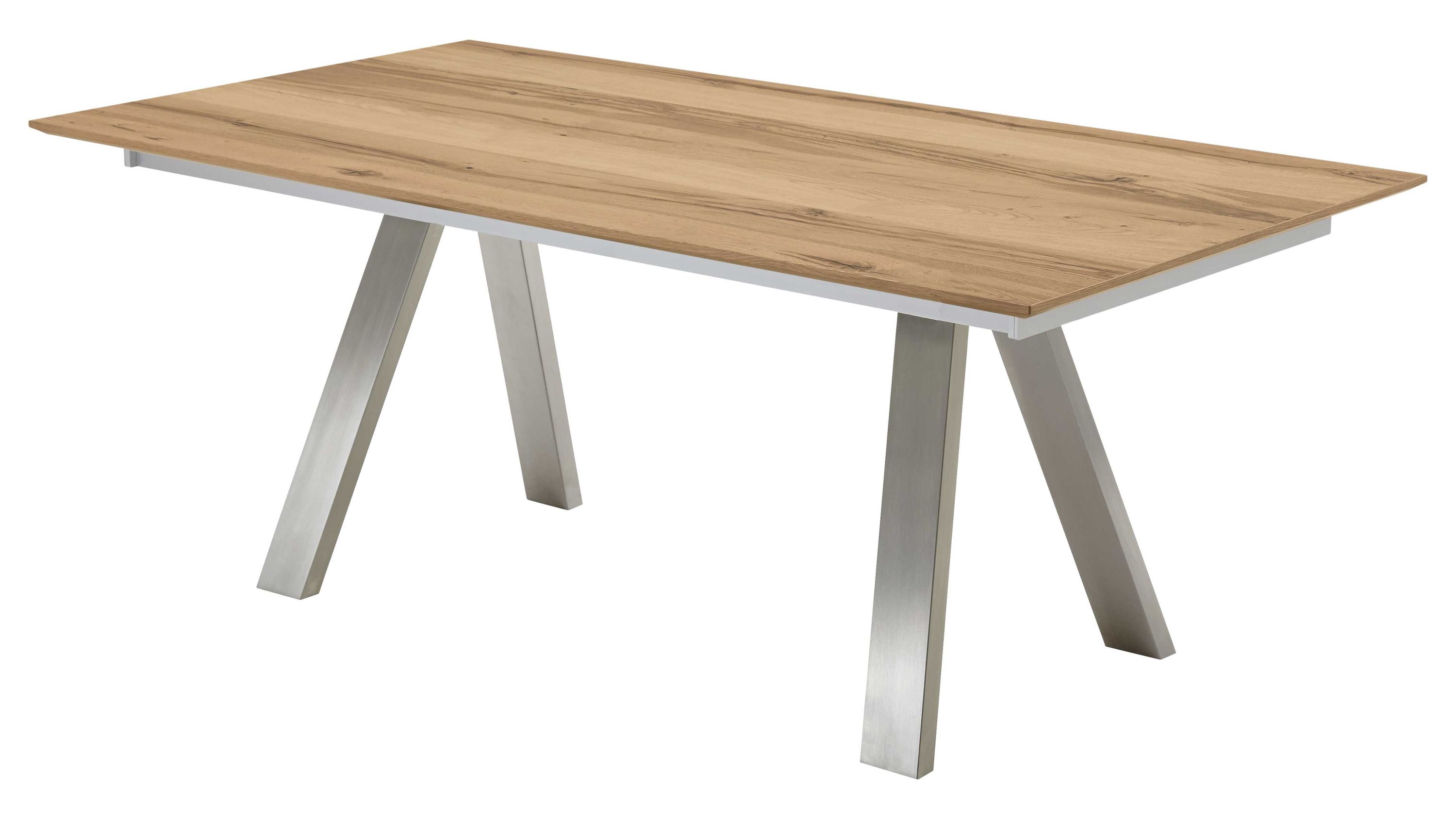 Esstisch mit Holzplatte und Metallbeinen Rechteckiger Esstisch mit hellbrauner Holzplatte und schrägen silberfarbenen Metallbeinen