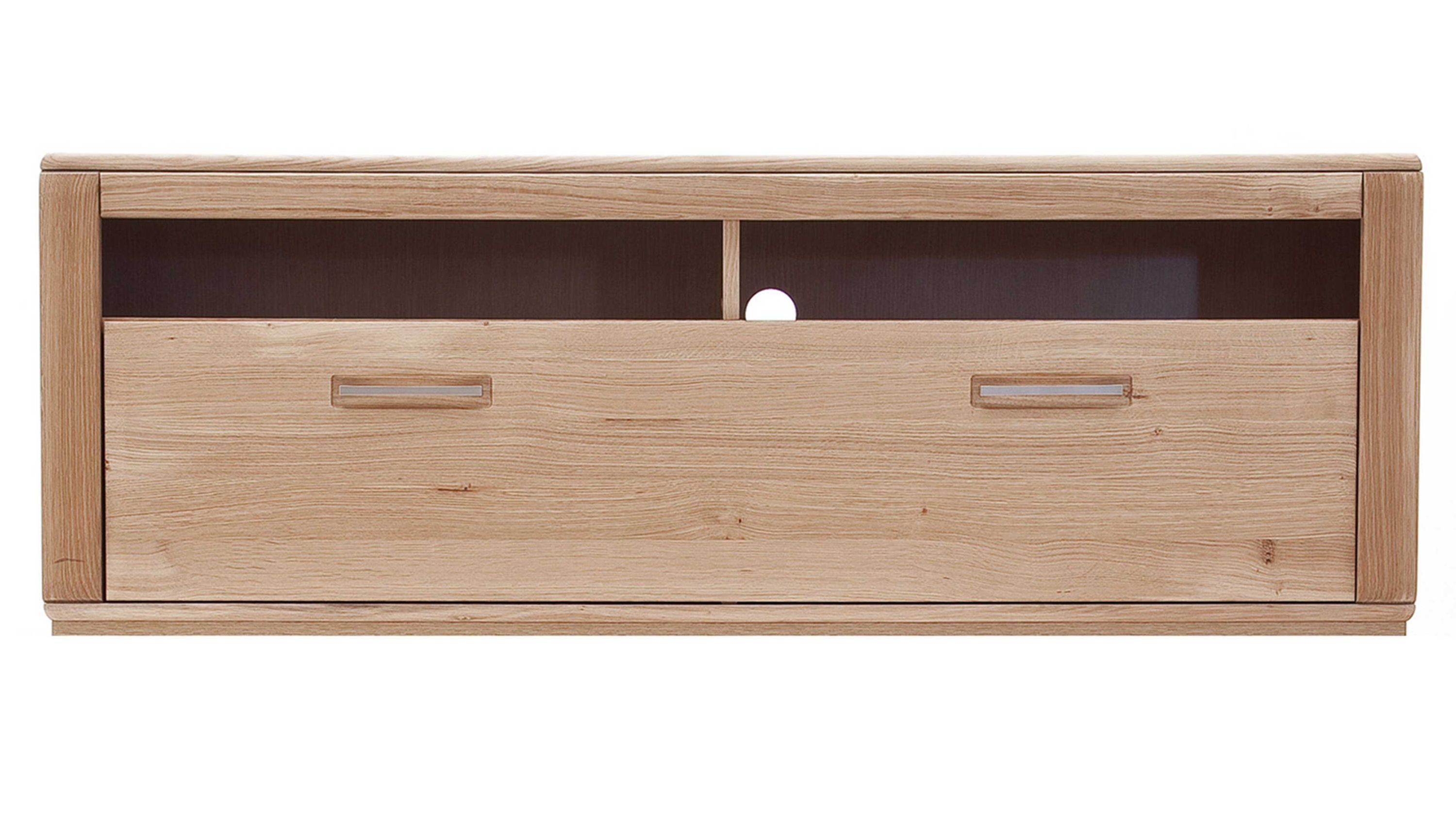 TV-Möbel mit Schublade und offenen Fächern in heller Holzoptik Rechteckiges TV-Möbel in heller Holzoptik mit einer Schublade und zwei offenen Fächern