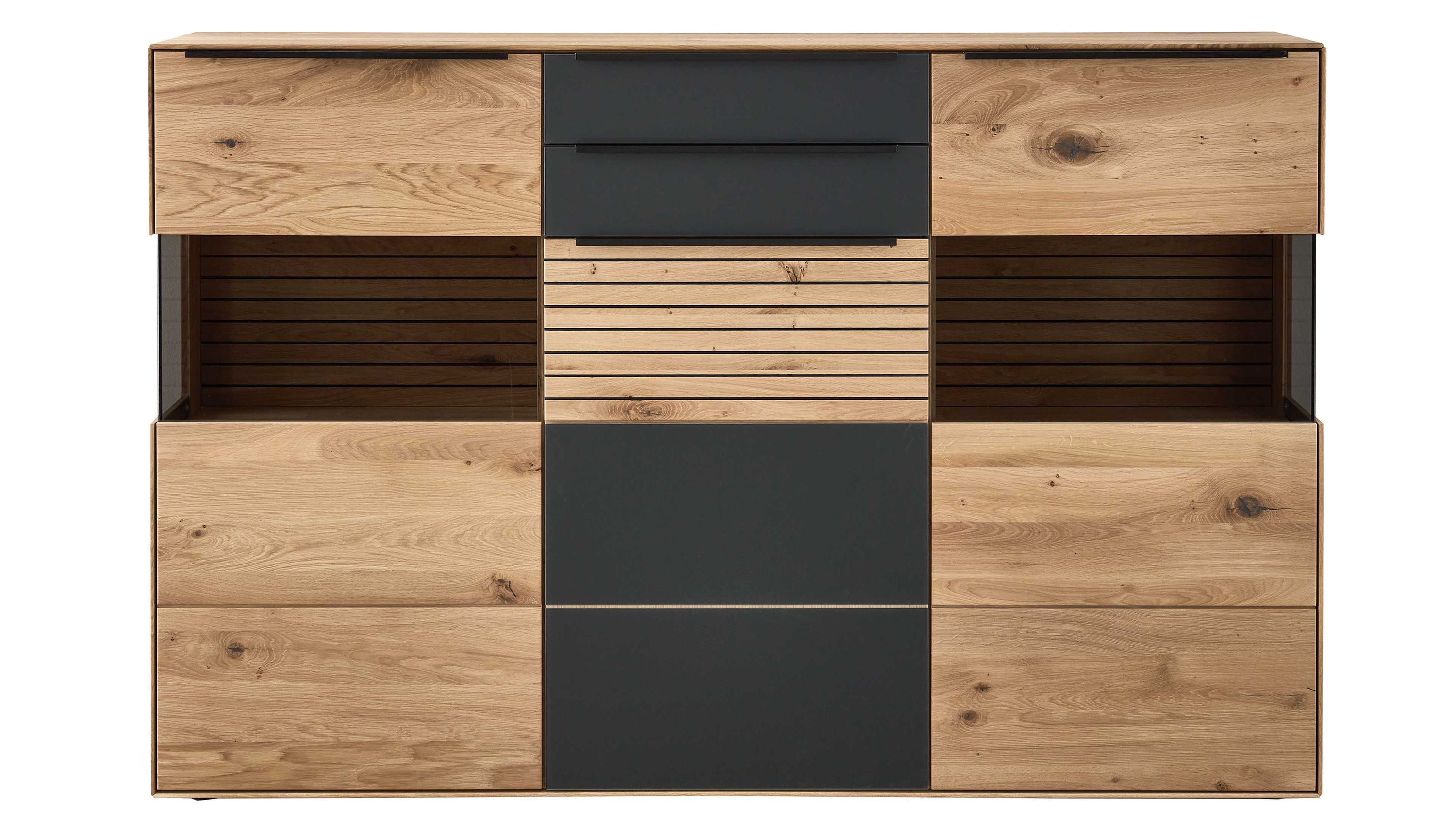 Highboard mit biancofarbener Oberfläche und schwarzen Fronten rechteckig mit Schubladen und Fächern