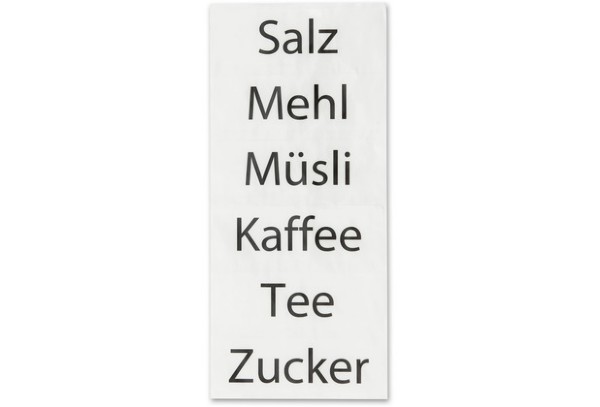 Liste mit den Lebensmitteln: Salz, Mehl, Müsli, Kaffee, Tee und Zucker, in deutscher Sprache auf weißem Hintergrund