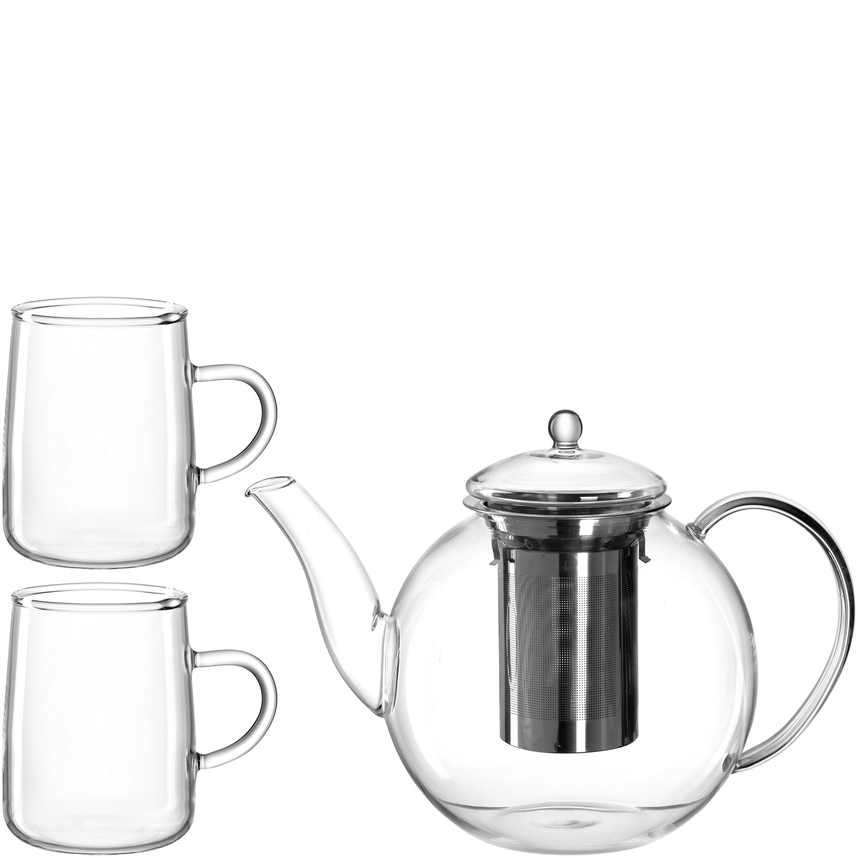 Transparentes Teeset mit rundem Kannenkörper Metall-Teesieb und zwei Glastassen mit Henkel