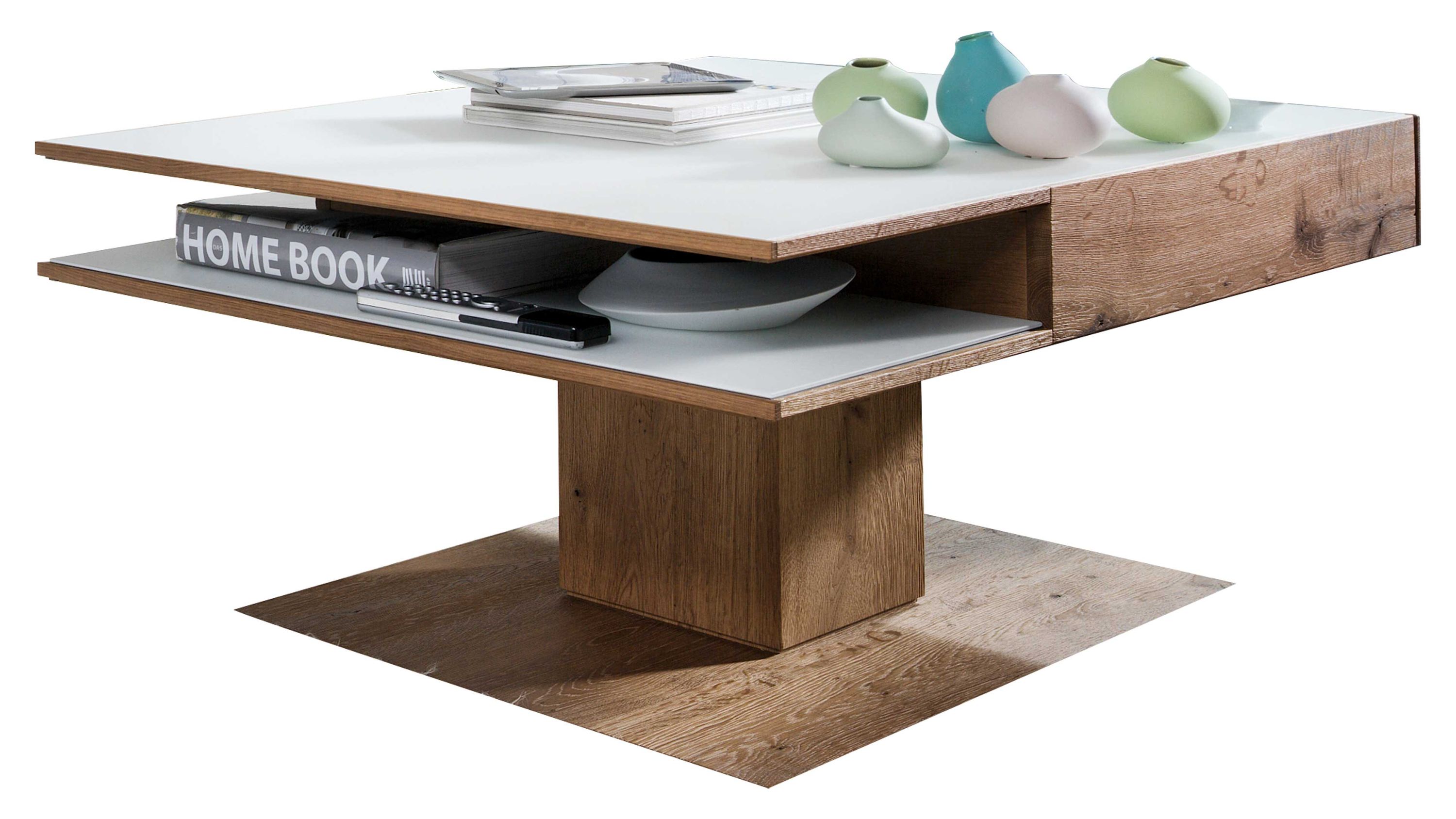 Quadratischer Couchtisch mit weißer Glasplatte und Holzoptik mittig stehende Säule und Ablagefläche
