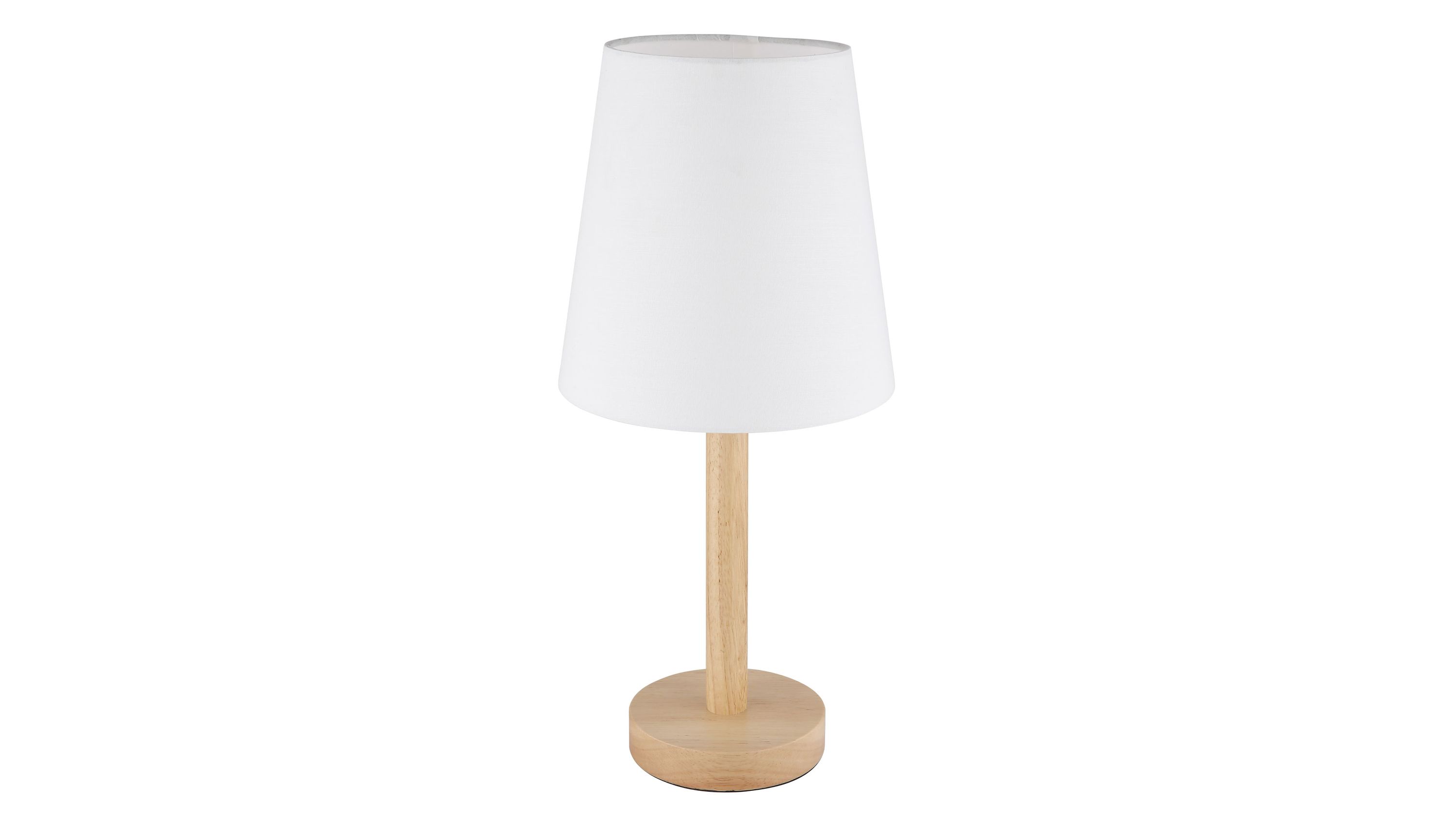 Tischlampe mit Holzsockel und weißem Lampenschirm Tischlampe mit rundem Sockel und zylindrischem Ständer aus hellem Holz und weißem konischem Lampenschirm