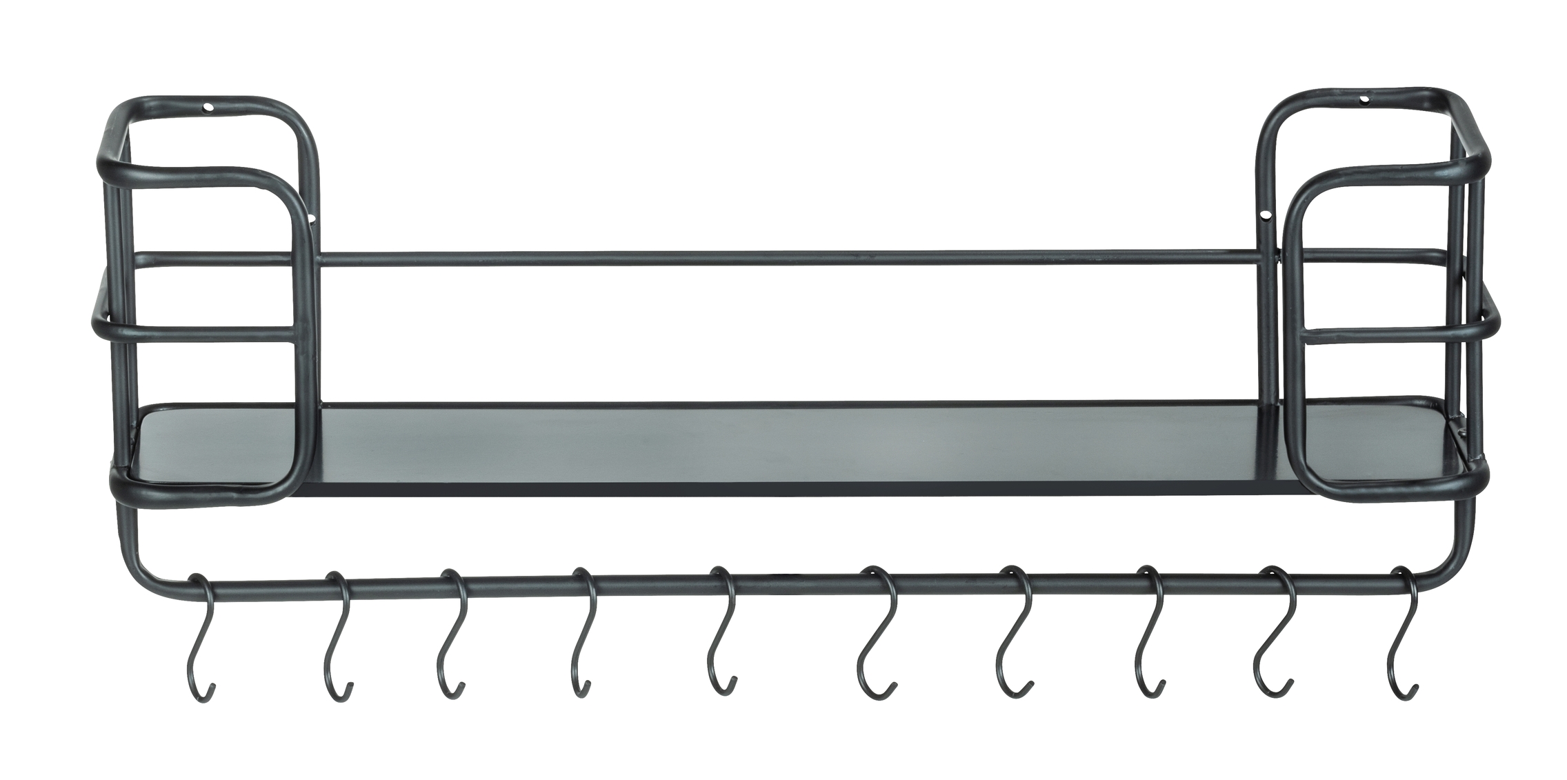 Modernes Wandregal mit schwarzem Metallrahmen Modernes Wandregal mit schwarzem Metallrahmen Bambus-Ablage Haken unten frontal aufgenommen