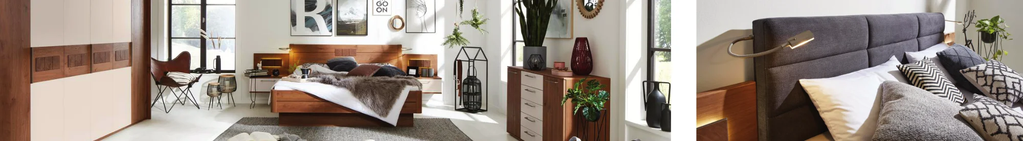 Schlafzimmer Desktop Header Kategorieseite Modernes Schlafzimmer mit Schwebetürenschrank, Holzbett und grauem Polsterbett mit Stepp-Kopfteil und Kissen.