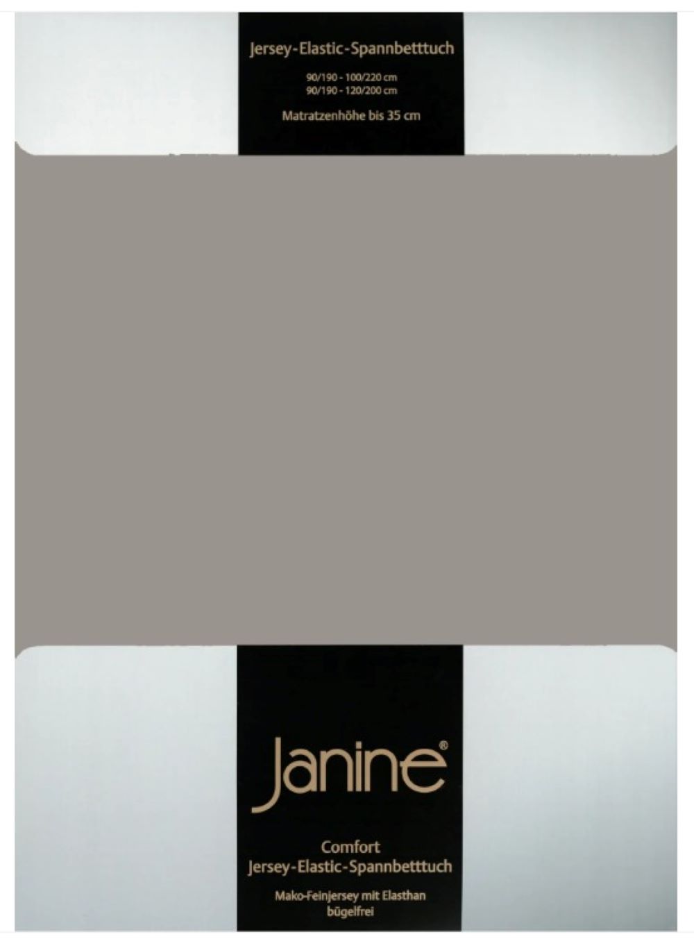 Graues Spannbetttuch in weiß-schwarzer Verpackung mit goldener Janine-Aufschrift frontal leicht von oben fotografiert