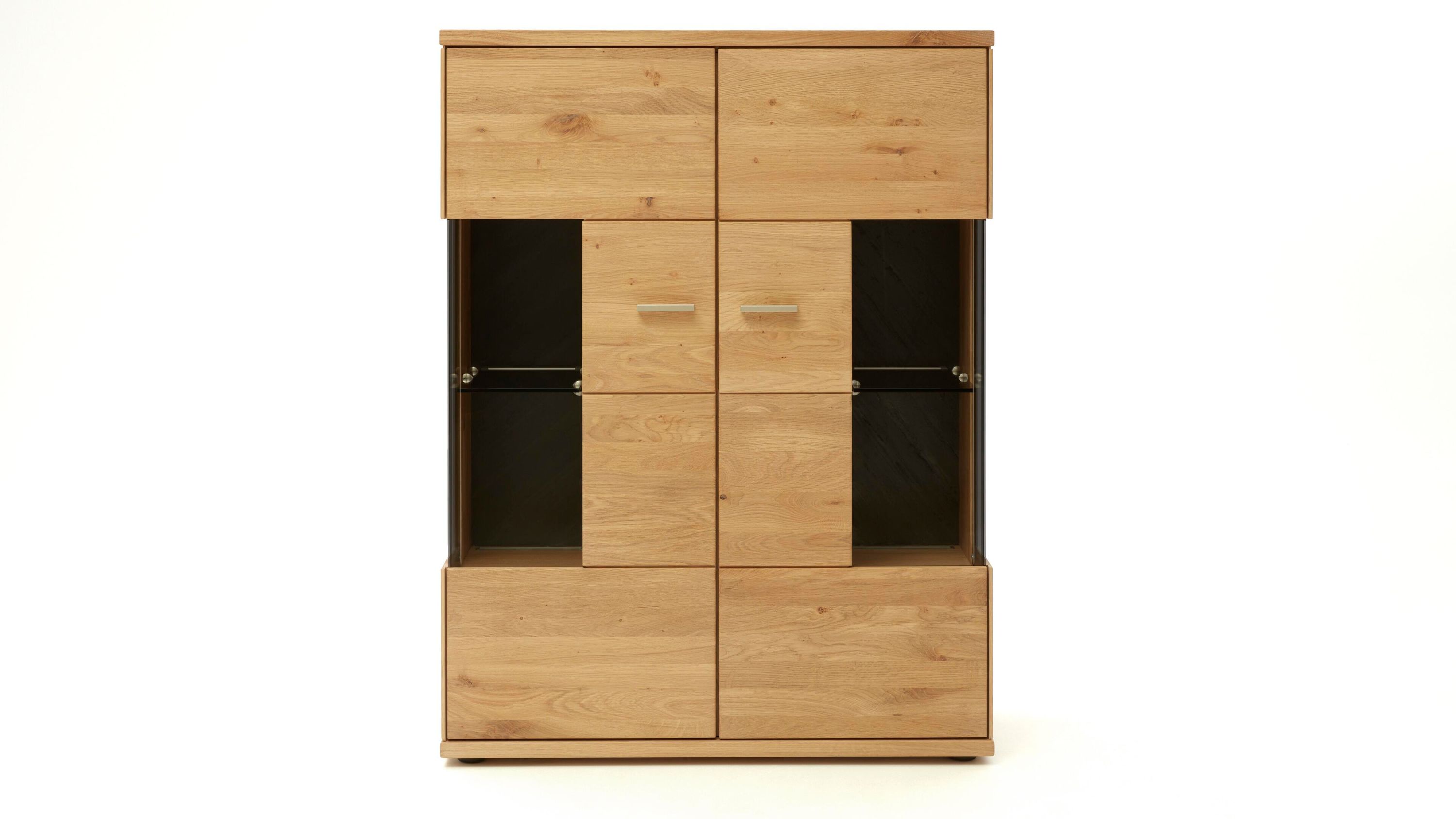 Highboard mit vier Türen und zwei Glaseinsätzen in der Mitte biancofarbene Oberfläche mit Holzmaserung