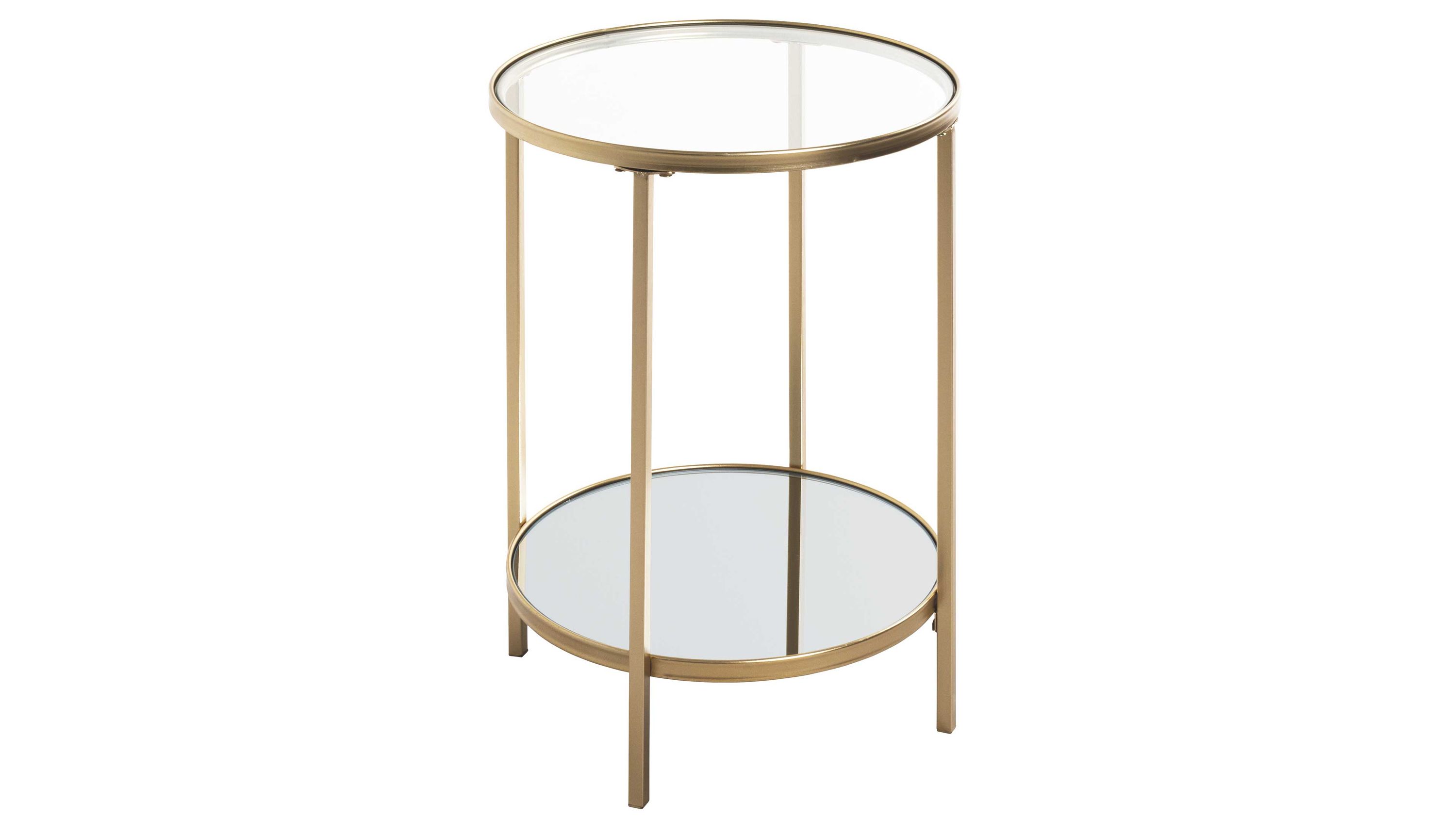 Runder Beistelltisch mit zwei Glasplatten und goldfarbenem Metallgestell