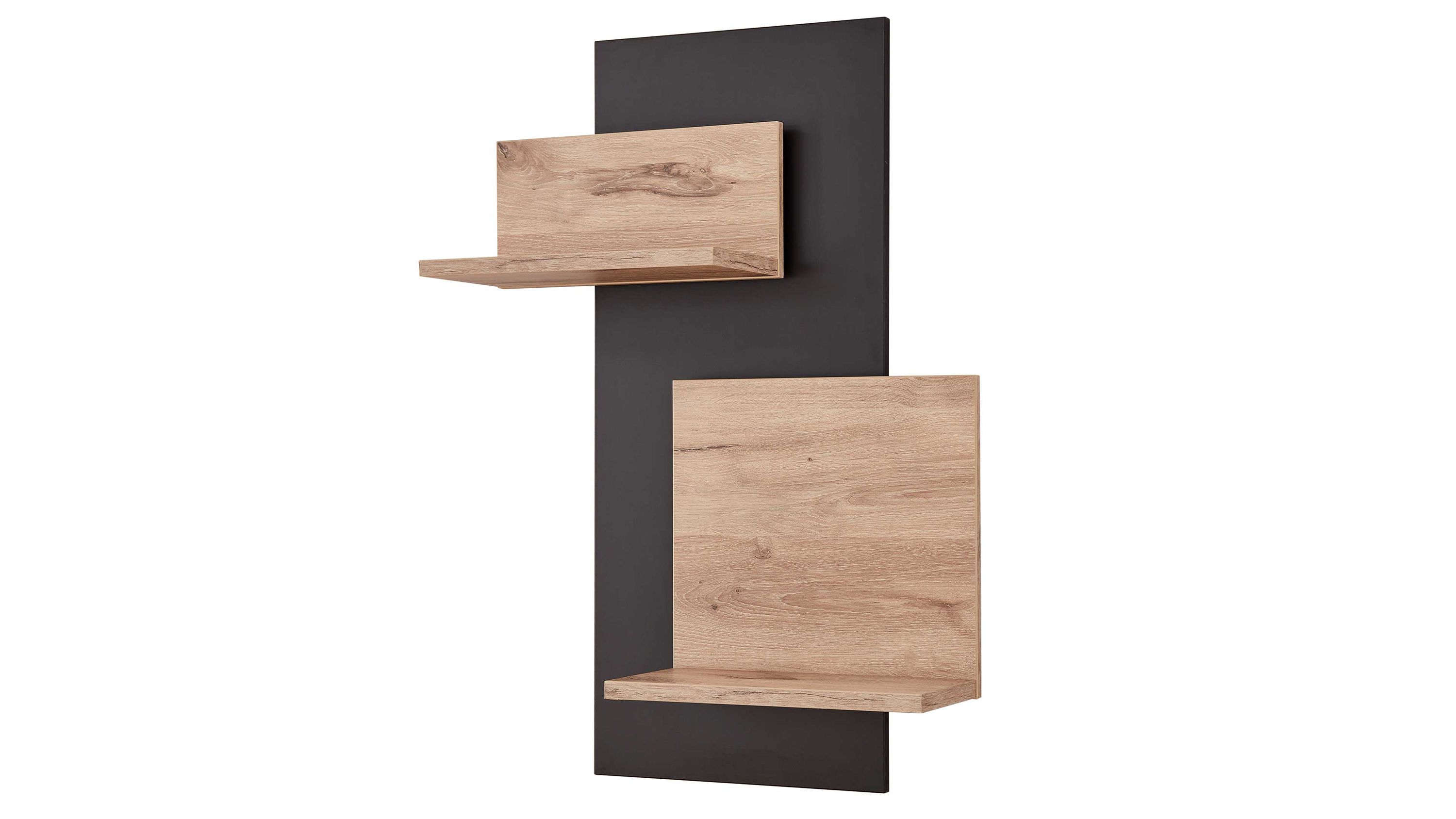 Wandregal mit zwei Ablagen in Holzoptik und dunklem Rückwandpaneel Wandregal mit zwei rechteckigen Ablageflächen in Holzoptik auf dunklem rechteckigem Rückwandpaneel