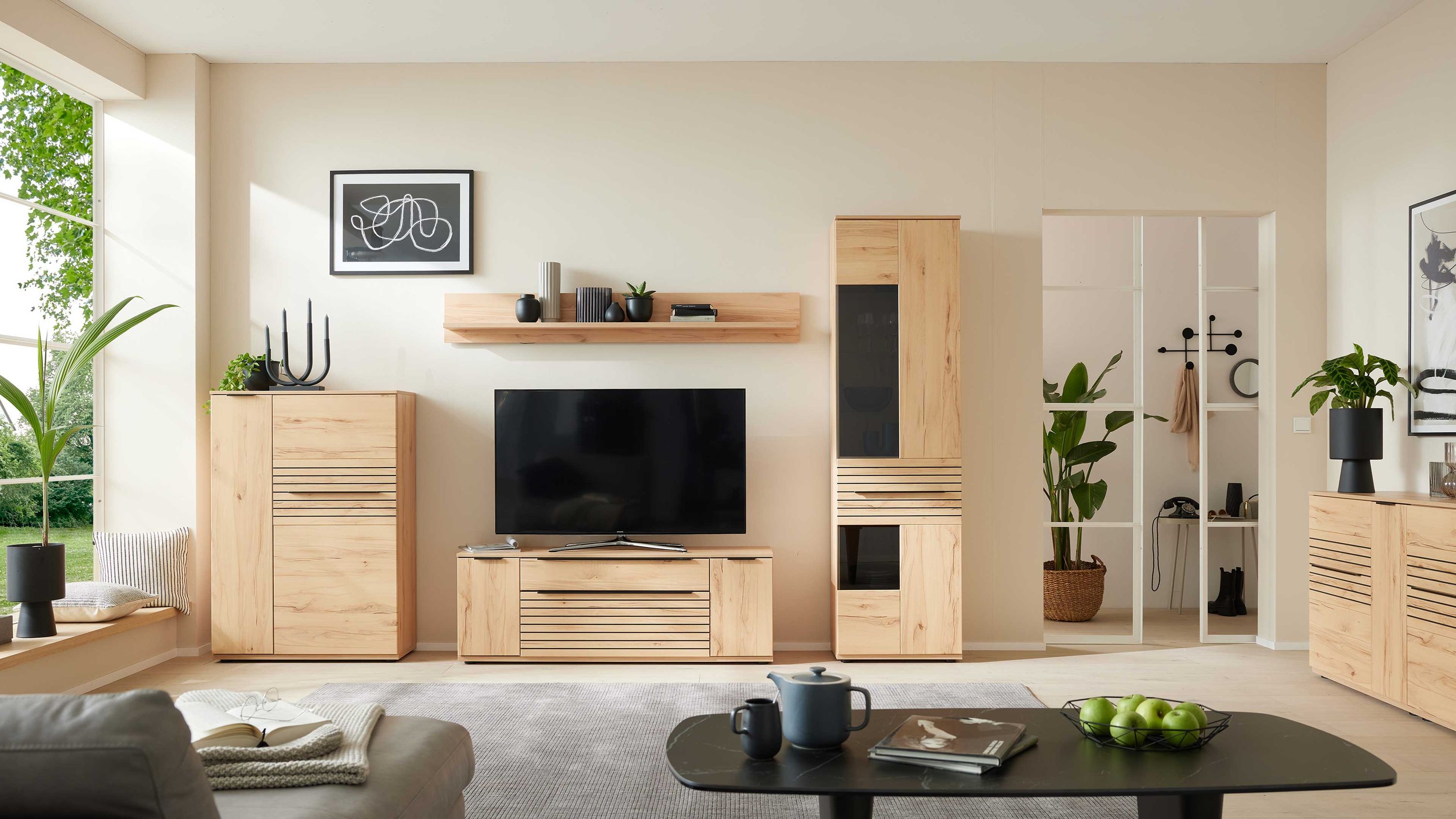 Interliving Wohnzimmer Serie 2032 - Wohnwand EB33001 Balkenbuche - Länge ca. 330 cm