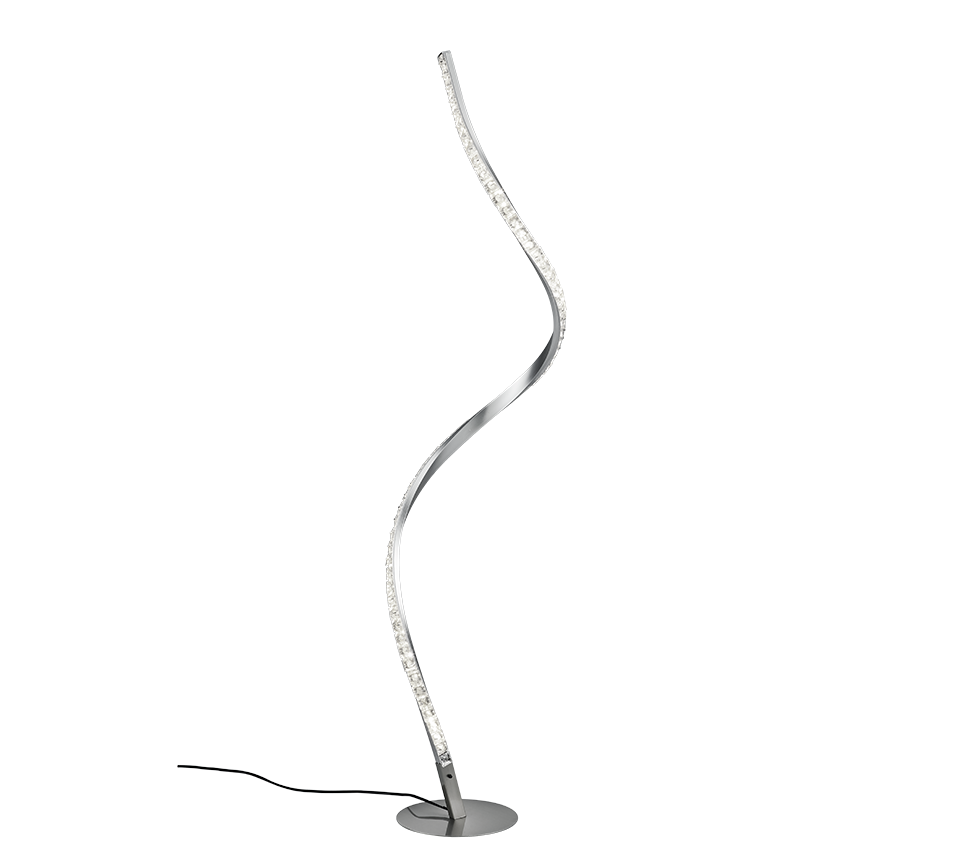 Geschwungene LED-Stehleuchte mit schlankem Design, silberfarbenem Metallgestell und rundem Fuß, freistehend auf heller Fläche