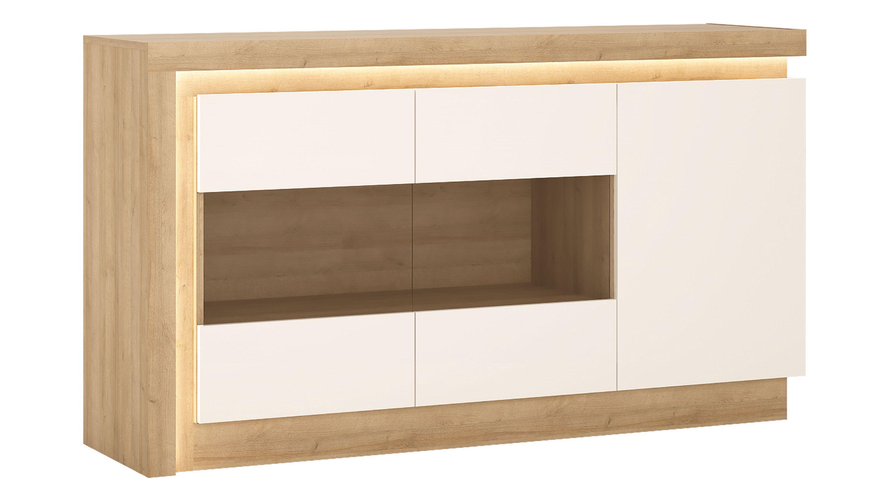 Sideboard mit drei Türen und offenem Fach in weiß und hellbraun mit Holzoptik