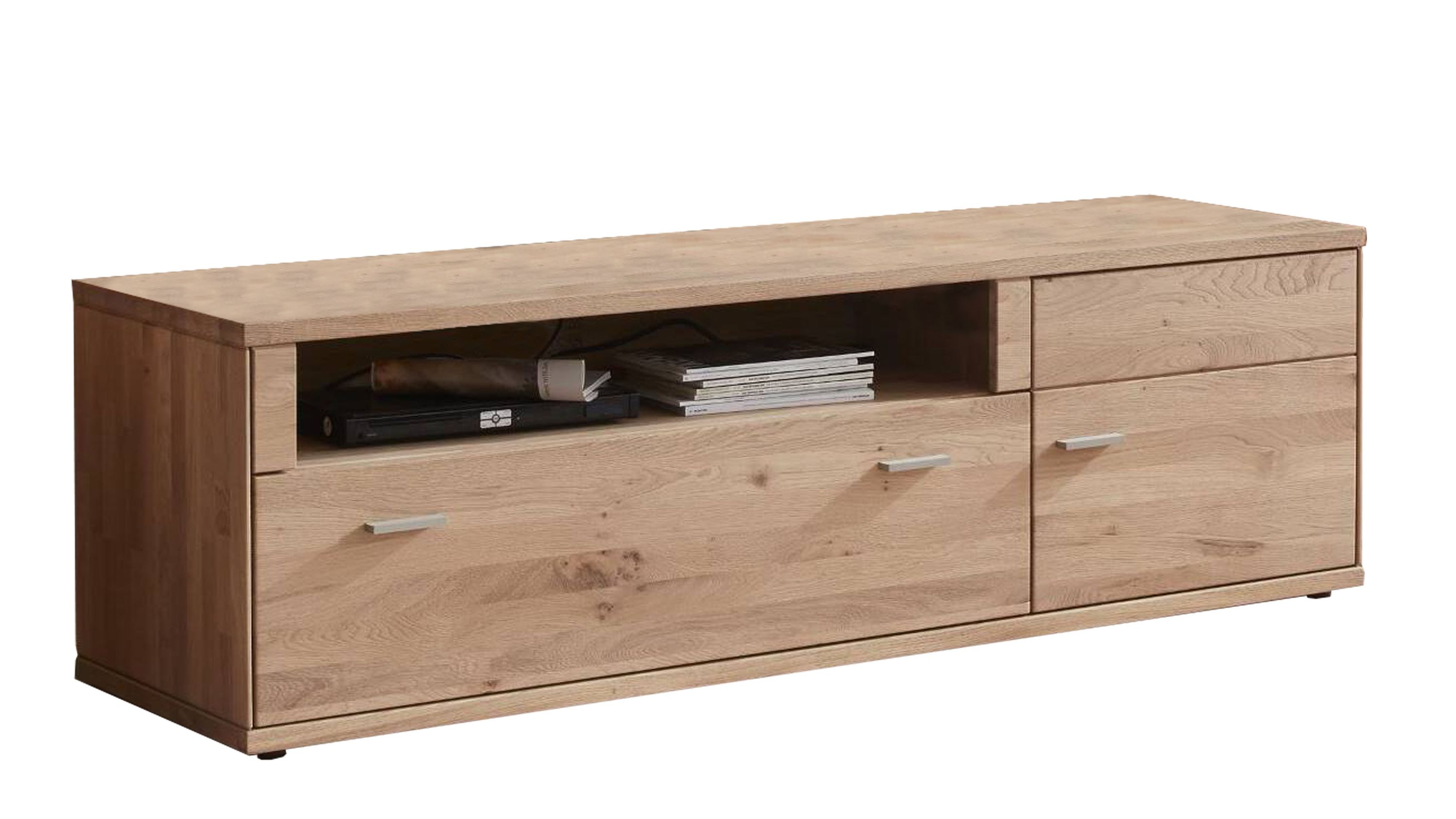 Lowboard aus biancofarbener Wildeiche mit Schublade und Tür Lowboard aus biancofarbener Wildeiche mit einer Schublade einer Tür und offenem Fach