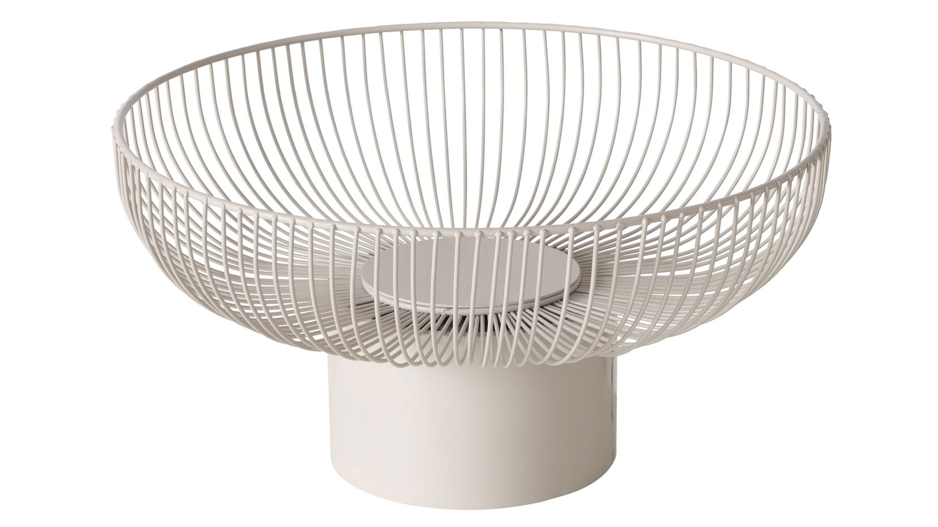 Runde Schale aus beigen Metallstäben mit rundem Sockel