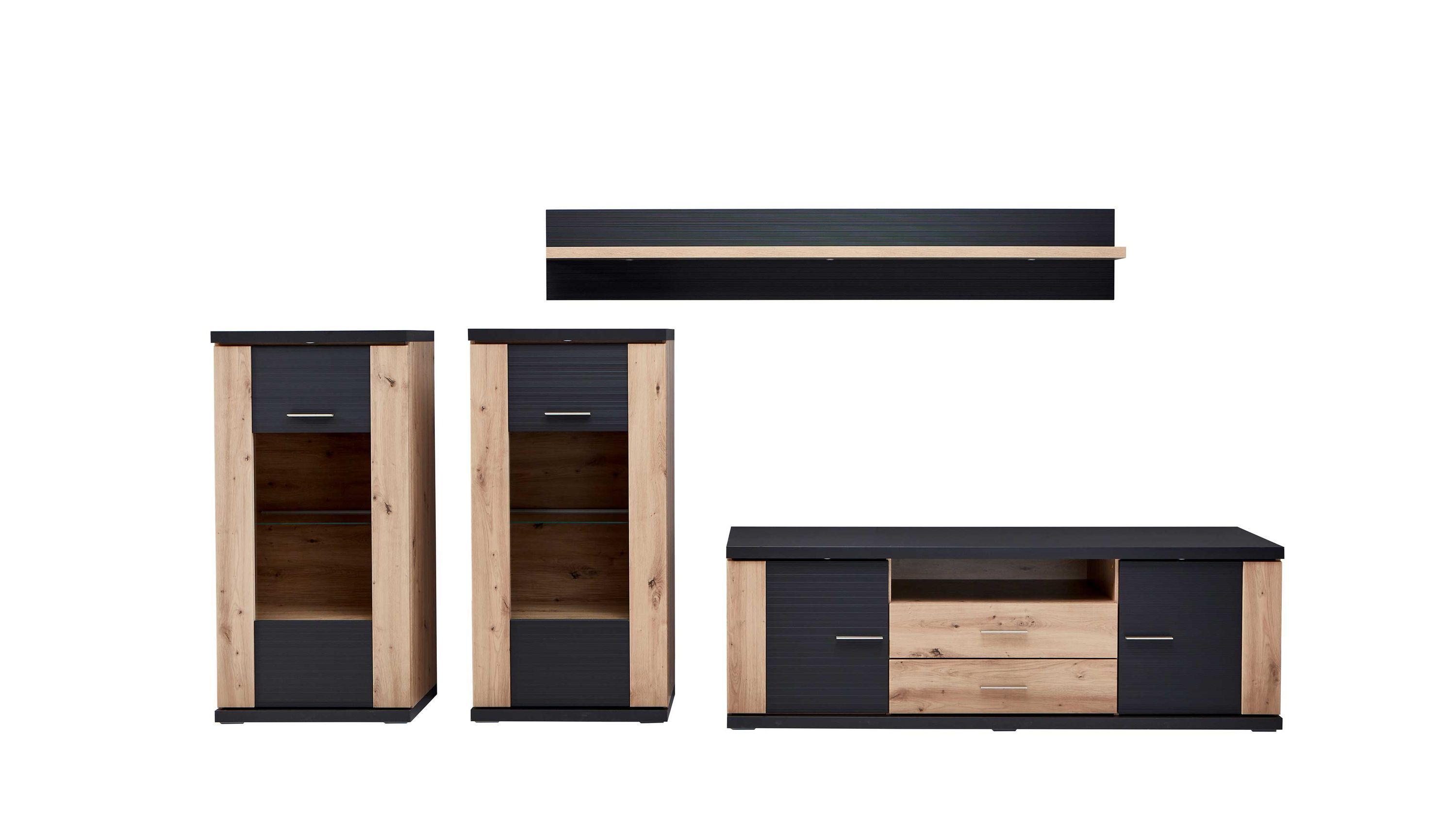 Vierteilige Wohnwand in Grau und Eichefarben Vierteilige Wohnwand mit zwei hohen Schränken einem TV-Möbel und einem Wandregal in Grau und Eichefarben