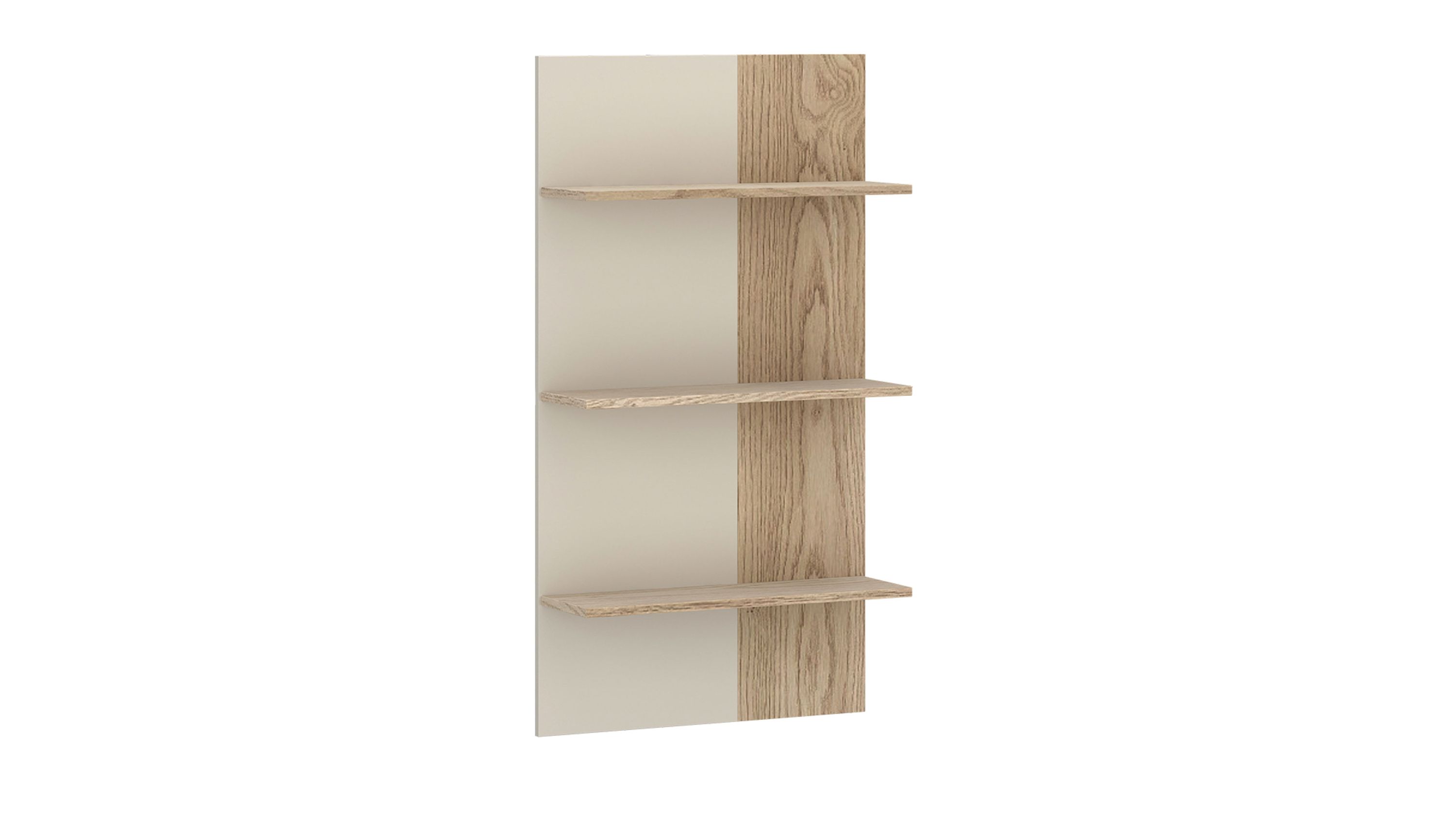 Wandpaneel mit drei Regalböden in beige und hellbraun mit Holzmaserung