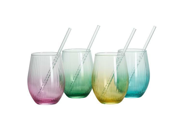 4 geriffelte Trinkgläser mit Farbverlauf in Rosa, Grün, Gelb und Blau, jeweils mit transparentem Glasstrohhalm.