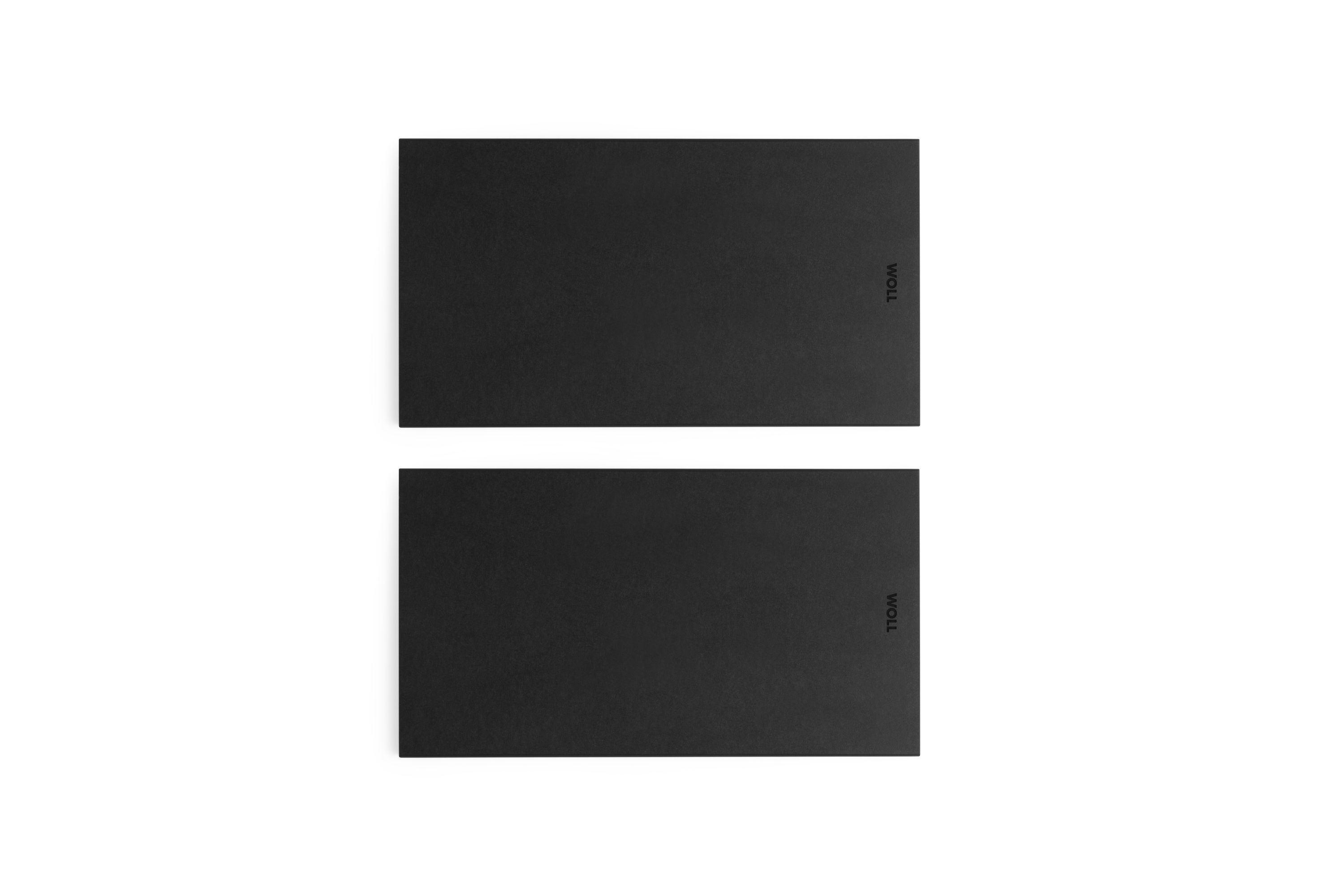 WOLL Schneidebrett-Set  2-tlg, schwarz Zwei schwarze rechteckige Schneidebretter, übereinander auf weißem Hintergrund platziert, Draufsicht