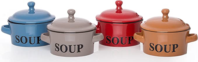 Suppentassen in Blau  Grau  Rot und Braun mit Deckel  seitlichen Griffen und schwarzer Soup-Aufschrift