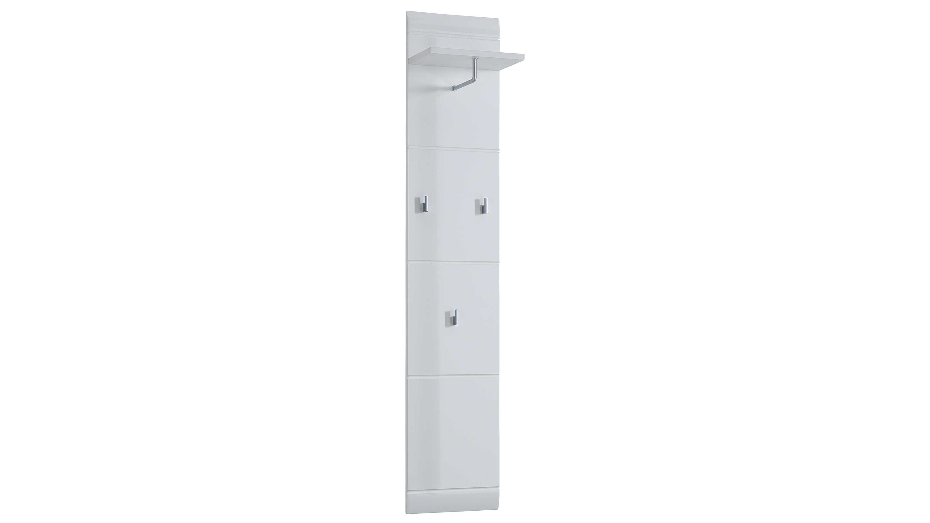 Schmale weiße Wandgarderobe mit drei Haken und einem Ablagefach oben