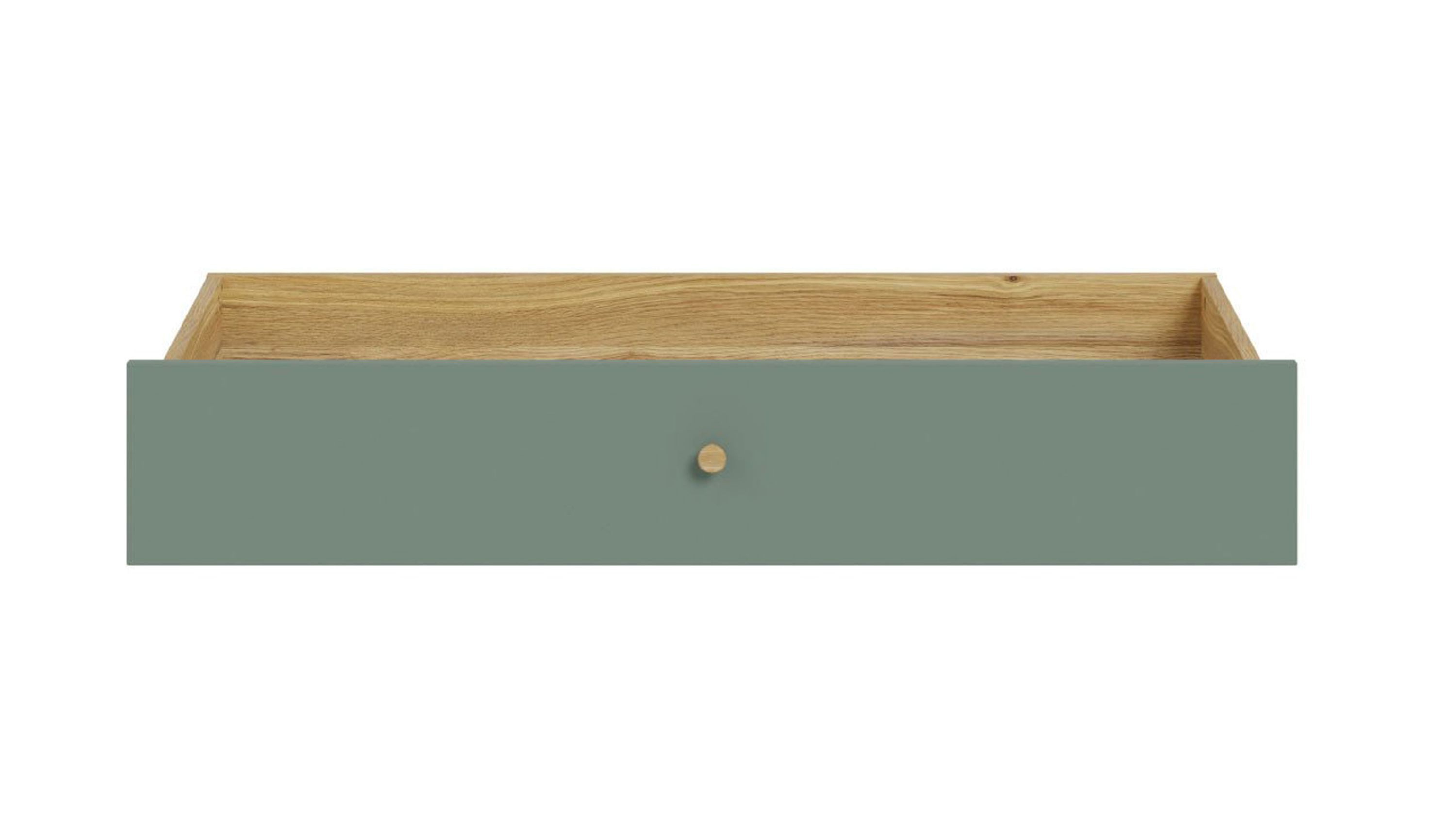 Bettkasten mit grüner Front und Holzoptik innen Offener rechteckiger Bettkasten mit grün lackierter Front und Holzoptik innen