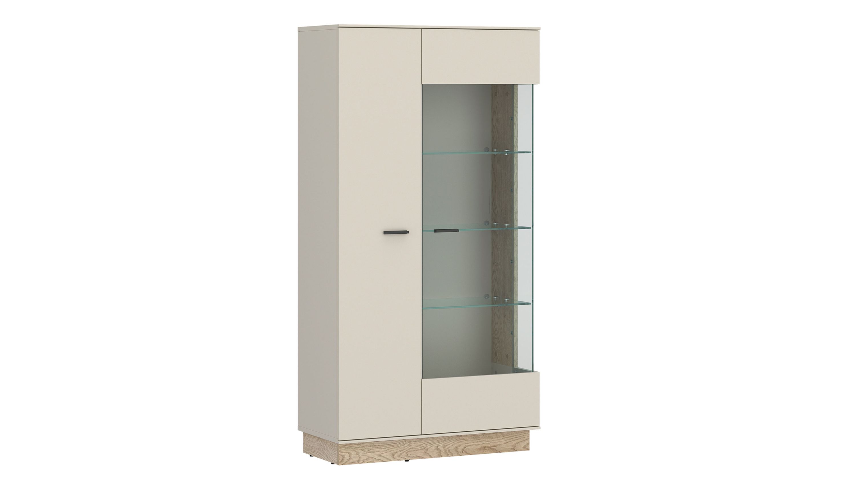 Vitrine mit zwei Türen eine Seite mit Glas und drei Glasregalen andere Seite geschlossen in beige und hellbraun