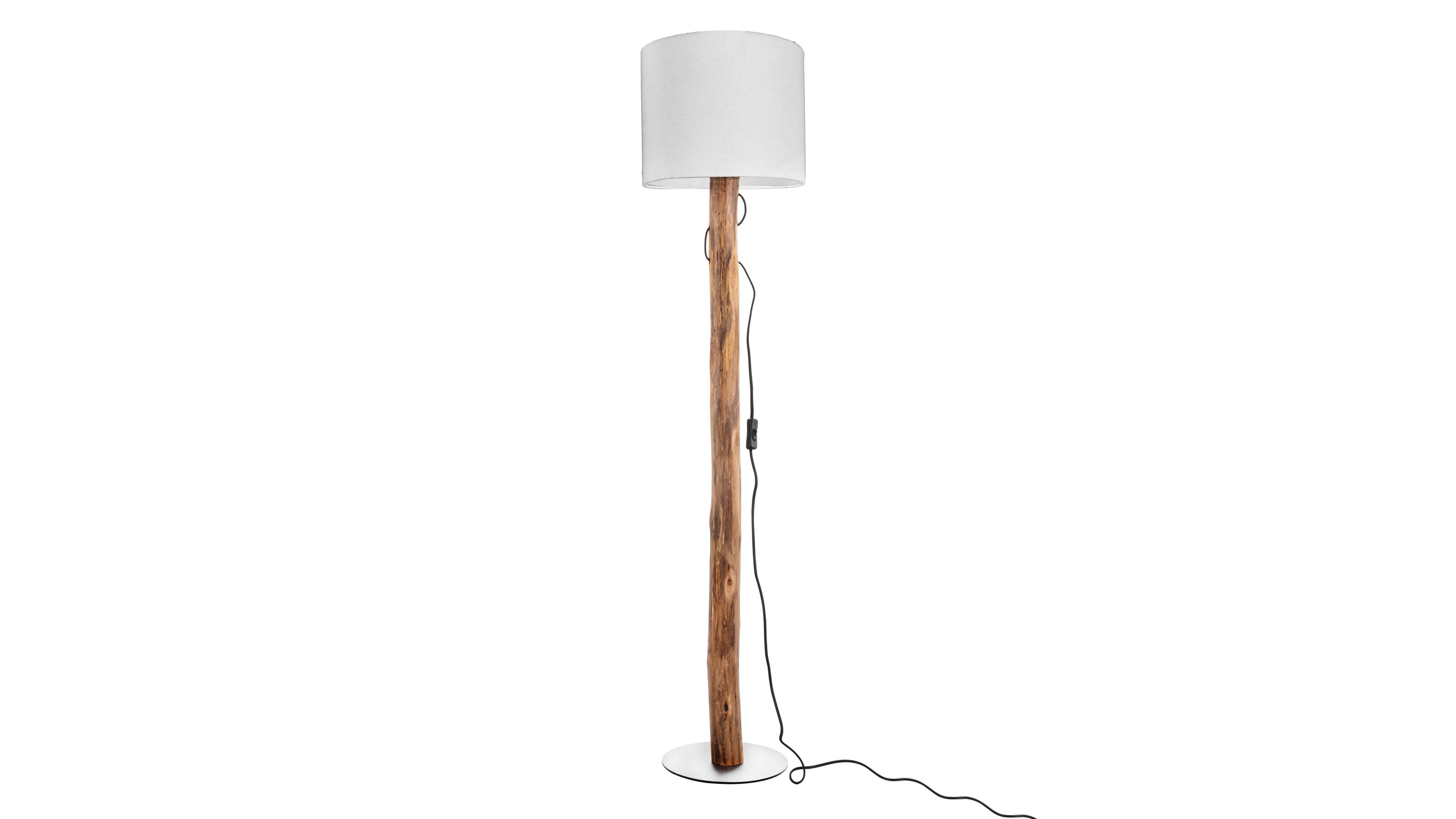 Stehlampe mit weißem Lampenschirm und Holzfuß Stehlampe mit rundem weißem Lampenschirm und schlankem Holzfuß in natürlicher Farbe