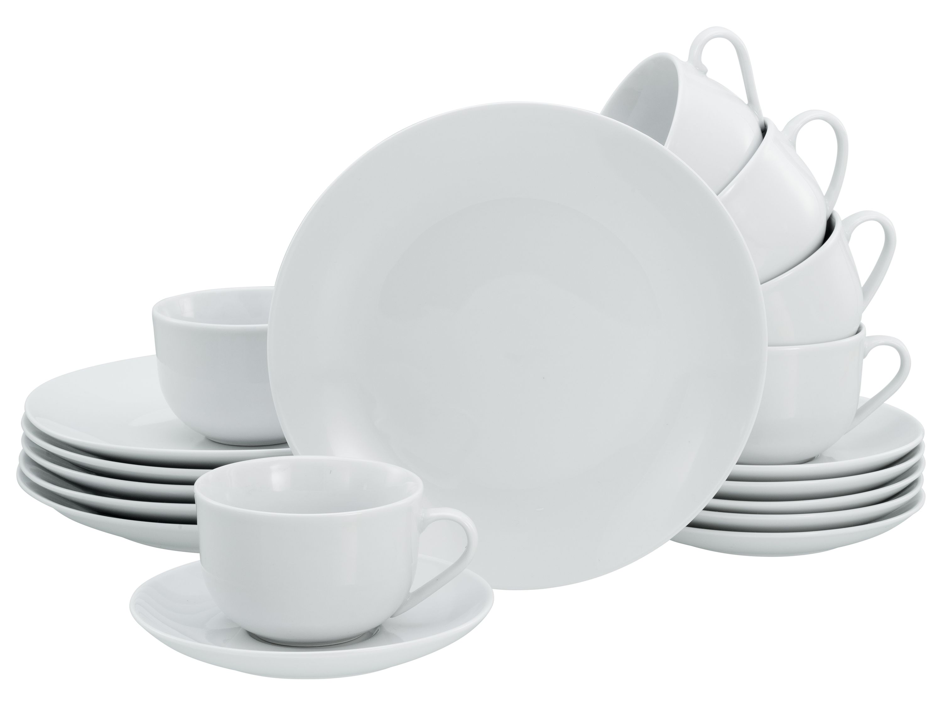 Weißes Kaffeeservice mit gestapelten Tassen  Untertassen  Tellern und Schalen