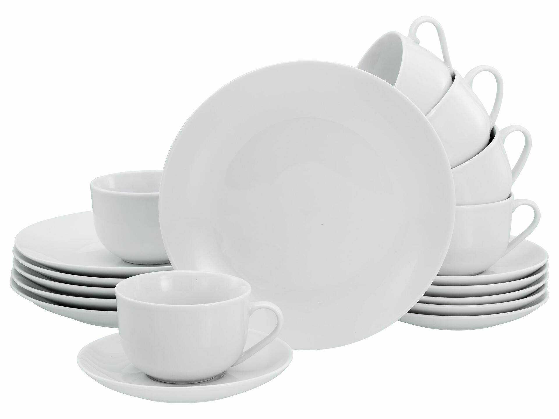 Creatable Kaffeeservice Luna – 18-teilig (20 x 20 x 2,5 cm, 9 x 9 x 6 cm, 14 x 14 x 2 cm)– Für 6 Personen – Porzellan Weiß – Modernes Design – Spülmaschinen- & Mikrowellengeeignet