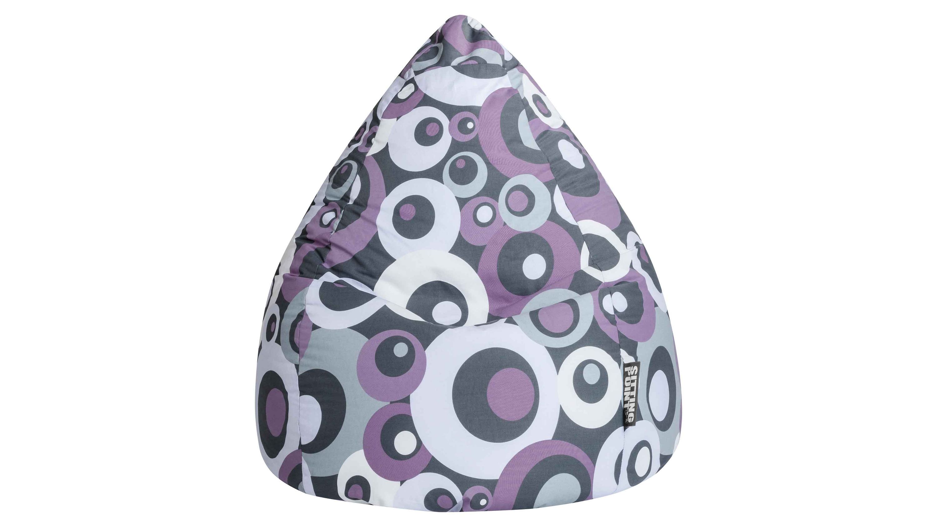 Sitzsack mit lilafarbenem Retromuster Sitzsack in Tropfenform mit lilafarbenem und grauem Kreis-Muster