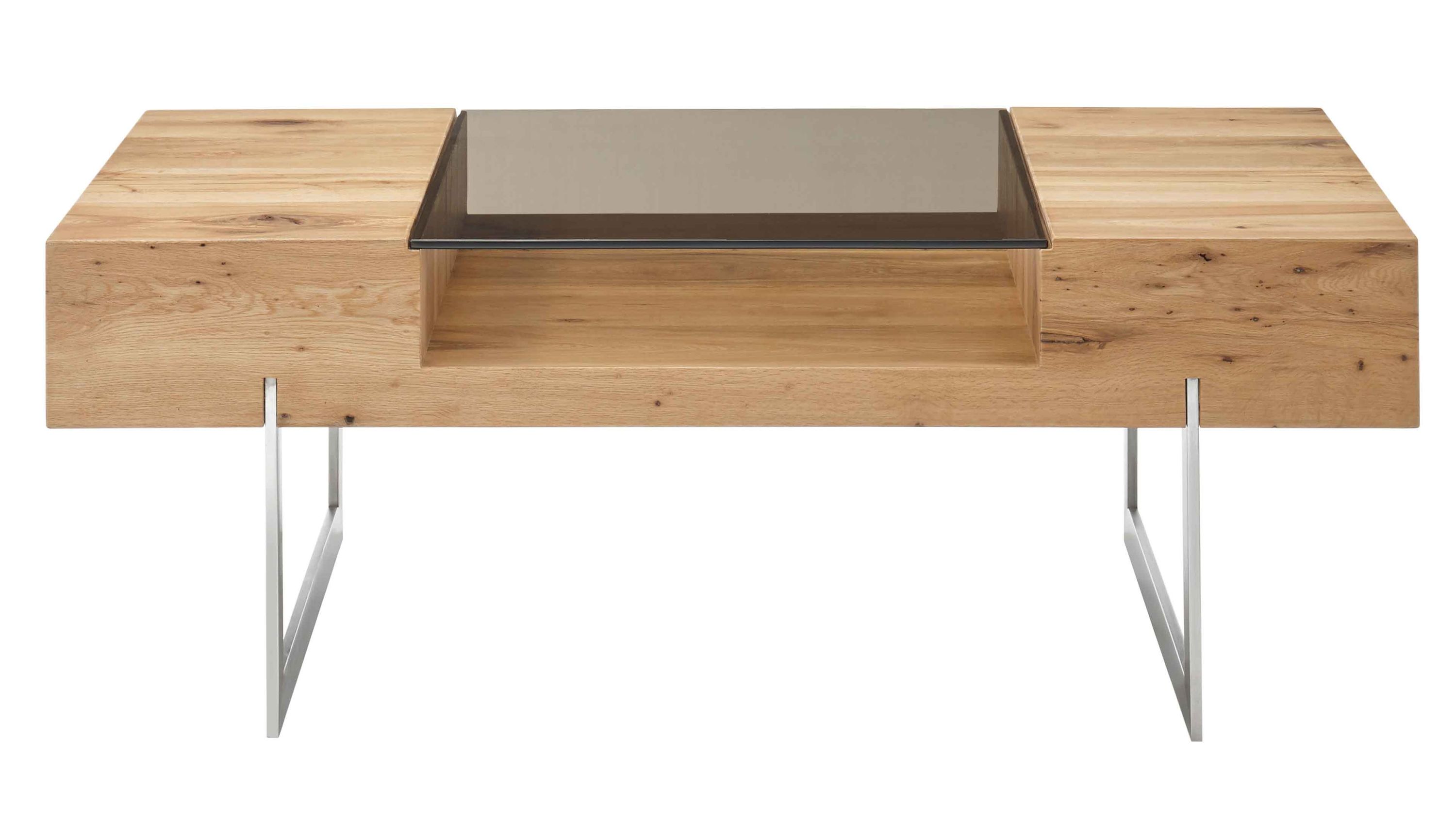 Rechteckiger Couchtisch mit hellem Holz mittiger Glasplatte und Metallbeinen