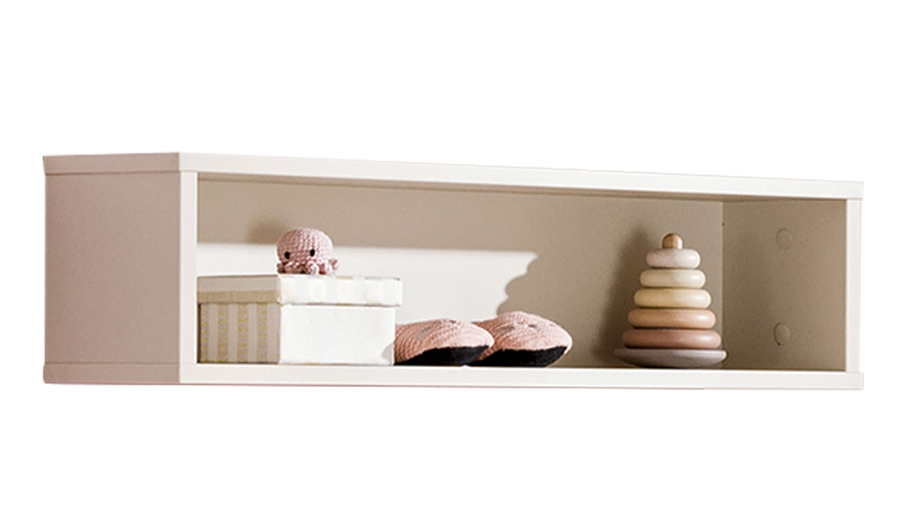 Beige Wandbox mit offenem Fach und Dekoration aus Spielzeug und Aufbewahrungsbox