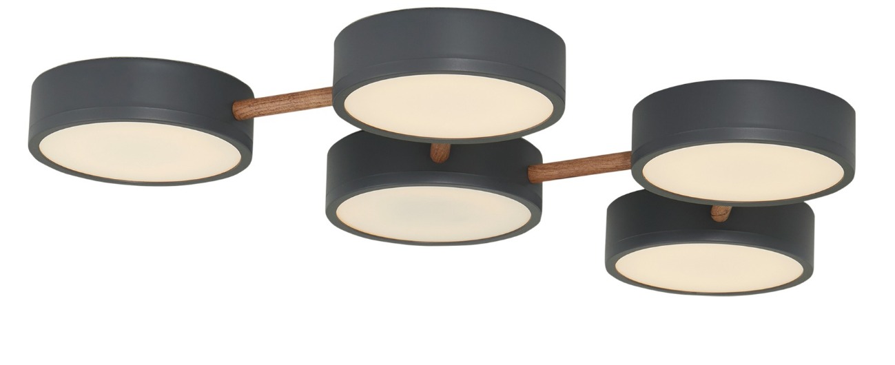Moderne LED-Deckenleuchte mit fünf überlappenden Ringen in Grau Flache Deckenleuchte mit fünf überlappenden LED-Ringen in Grau Kunststoff/Metall frontal leicht schräg freigestellt