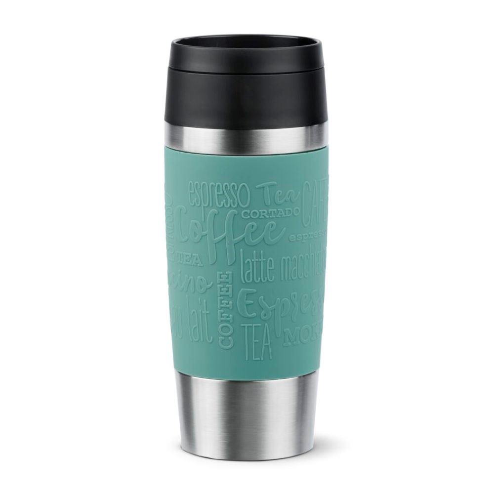 Thermobecher mit Kaffeeprägung – Becher mit Edelstahl und schwarzem Deckel Frontalansicht eines Thermobechers mit türkisfarbenem Griff in Wellenoptik und Edelstahlakzenten aus Augenhöhe aufgenommen